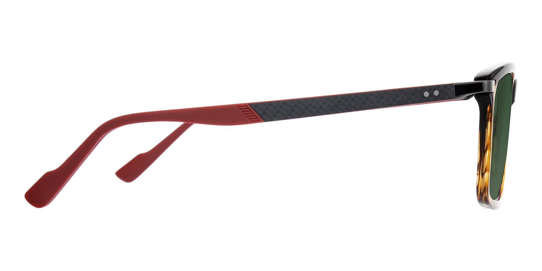 Side of Arleth in Gradient Brown Striped/Red with Green Tinted Lenses