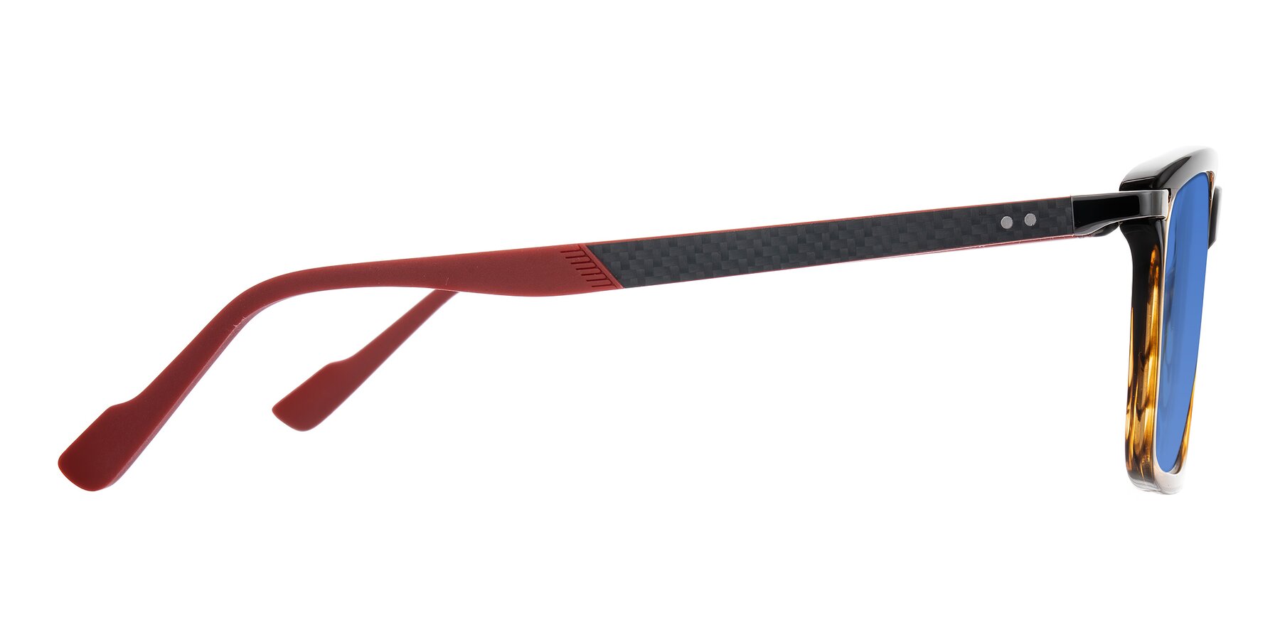 Side of Arleth in Gradient Brown Striped/Red with Blue Tinted Lenses