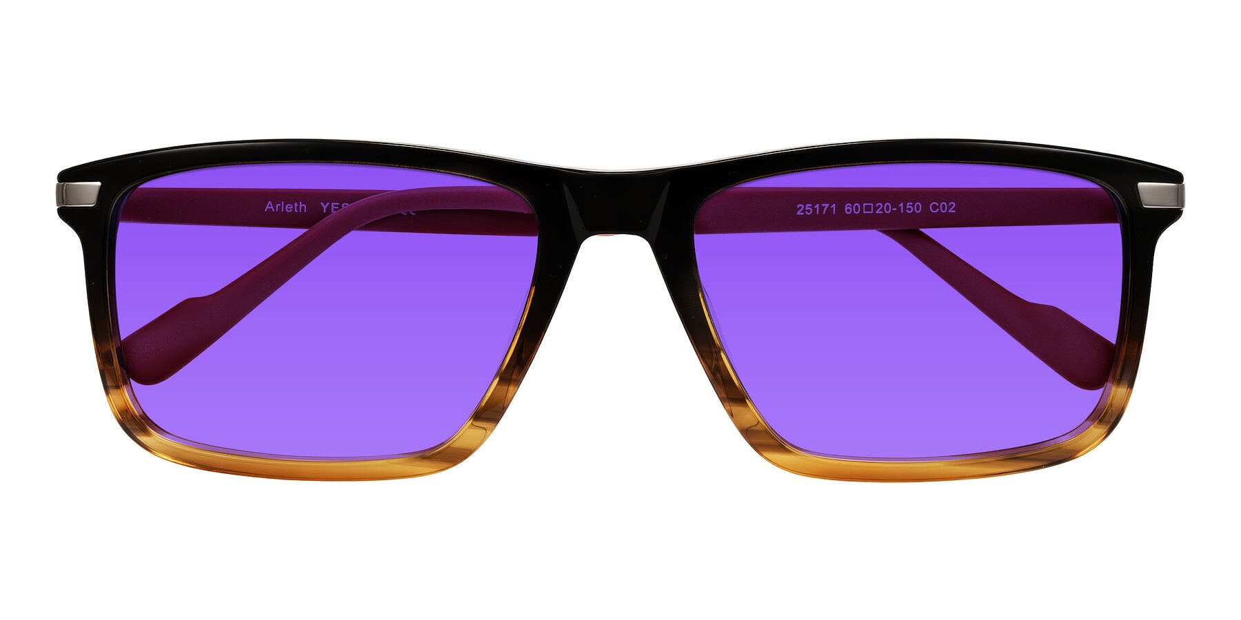 Folded Front of Arleth in Gradient Brown Striped/Red with Purple Tinted Lenses
