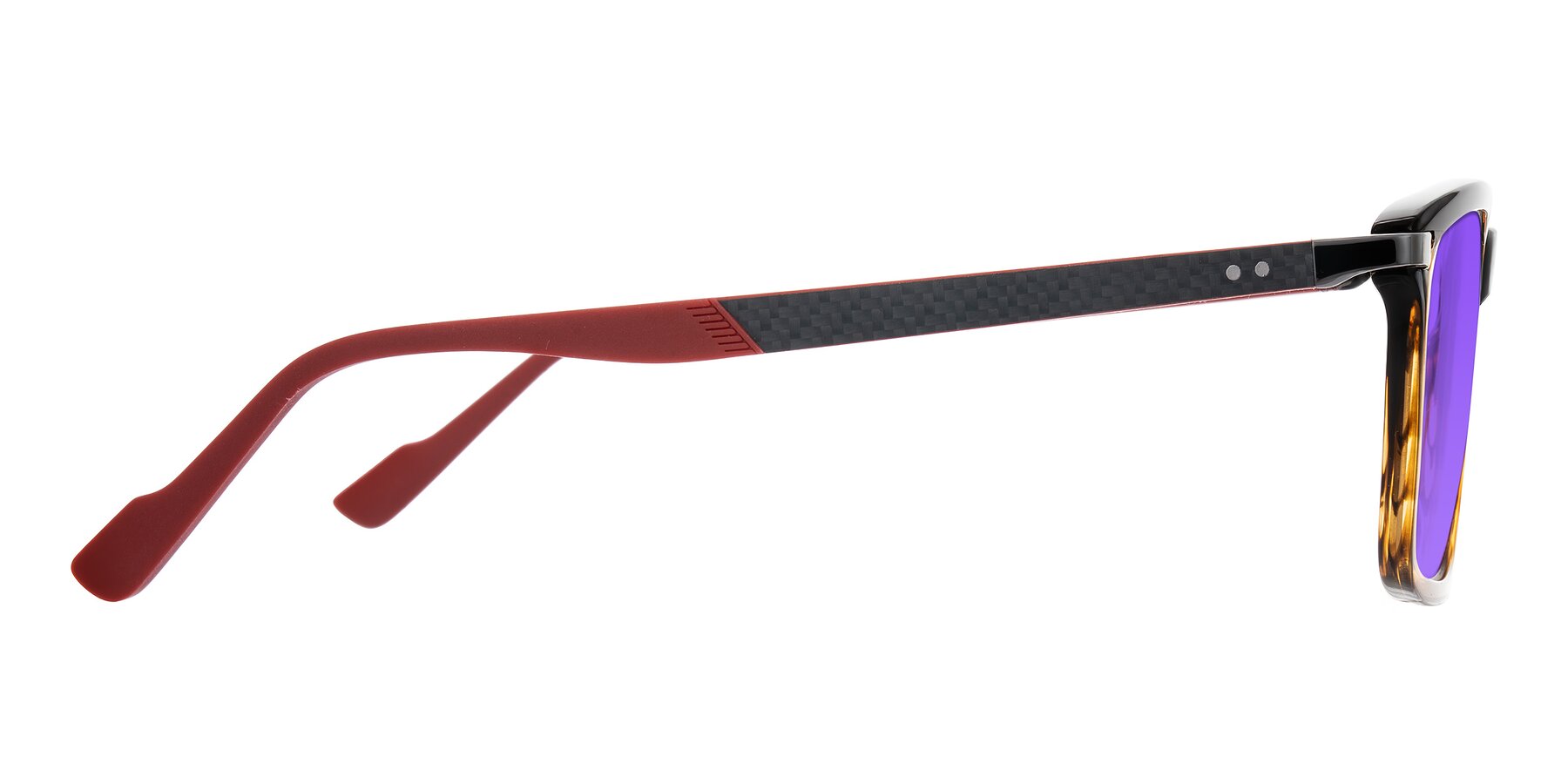 Side of Arleth in Gradient Brown Striped/Red with Purple Tinted Lenses