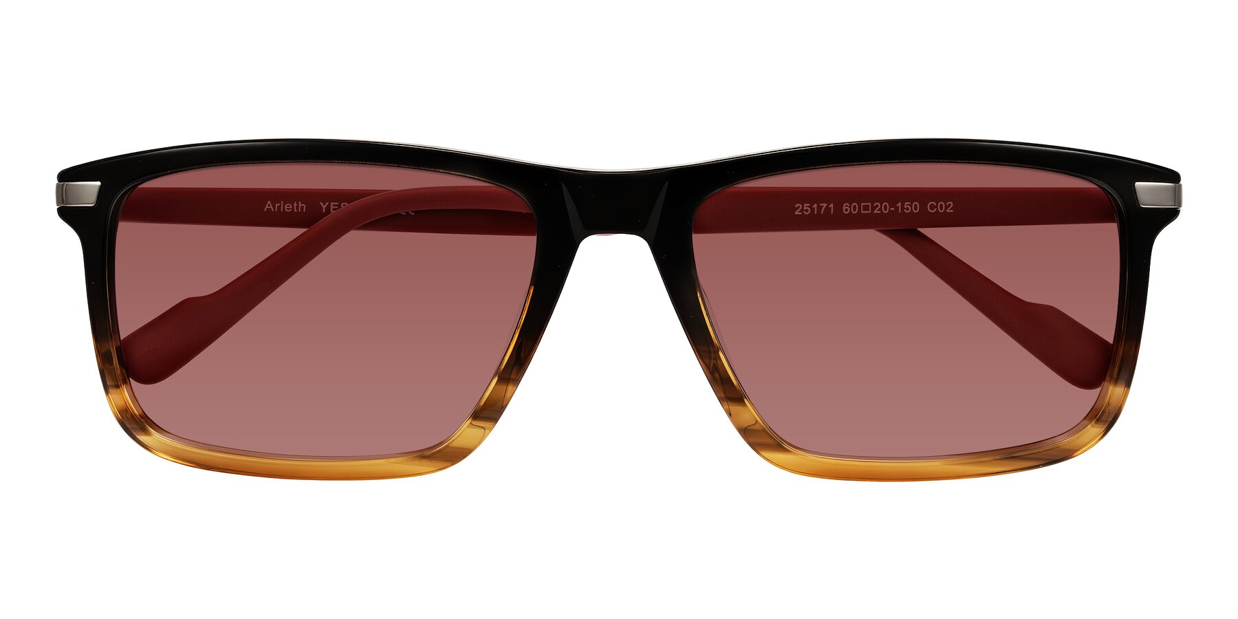 Folded Front of Arleth in Gradient Brown Striped/Red with Garnet Tinted Lenses