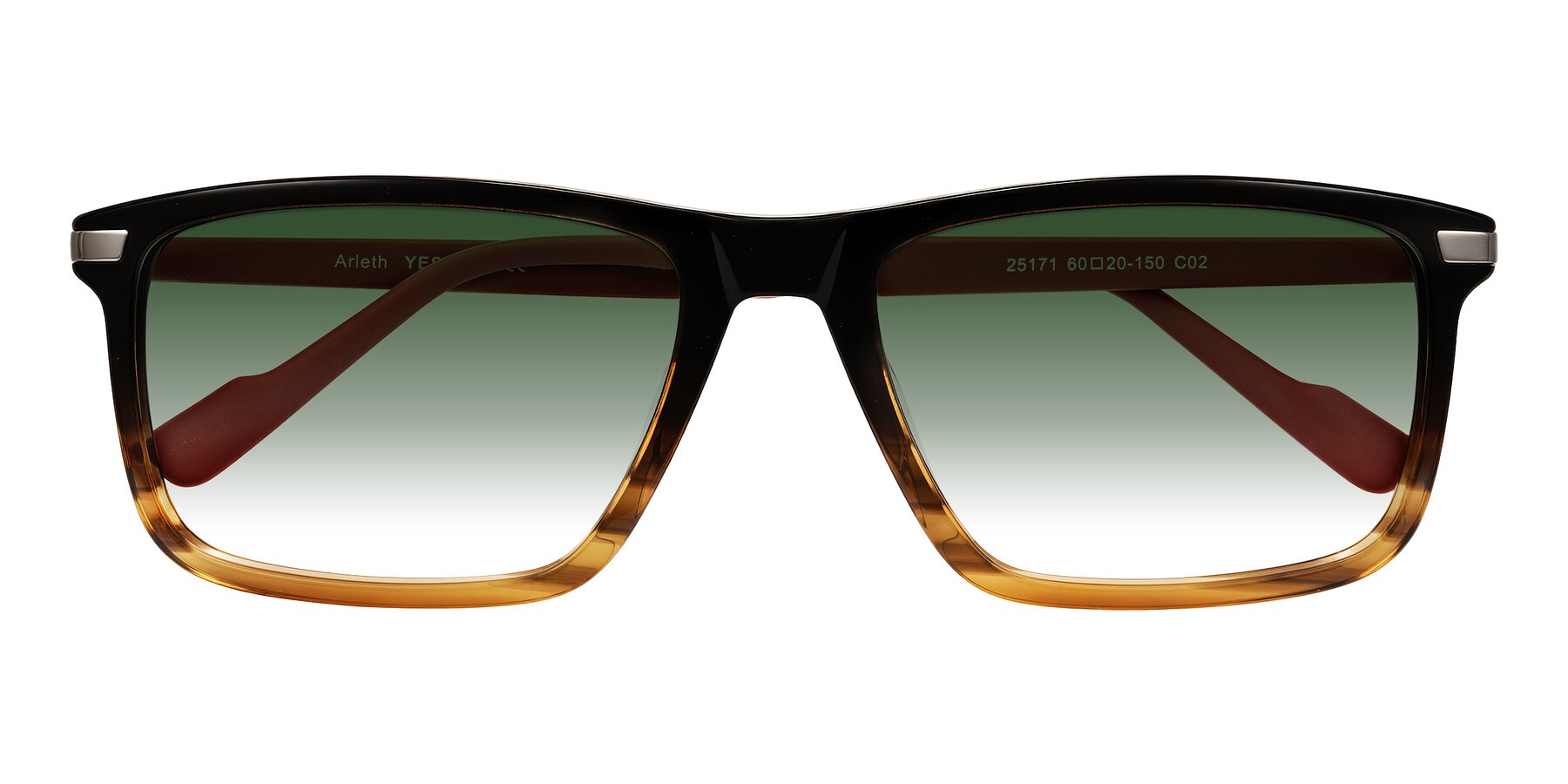 Folded Front of Arleth in Gradient Brown Striped/Red with Green Gradient Lenses