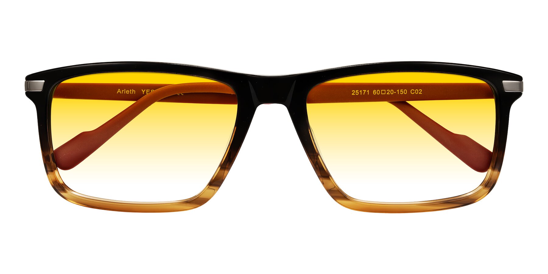 Folded Front of Arleth in Gradient Brown Striped/Red with Yellow Gradient Lenses