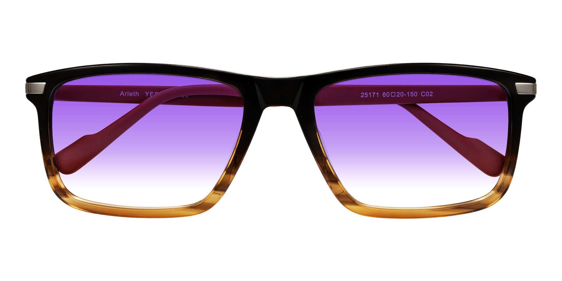 Folded Front of Arleth in Gradient Brown Striped/Red with Purple Gradient Lenses