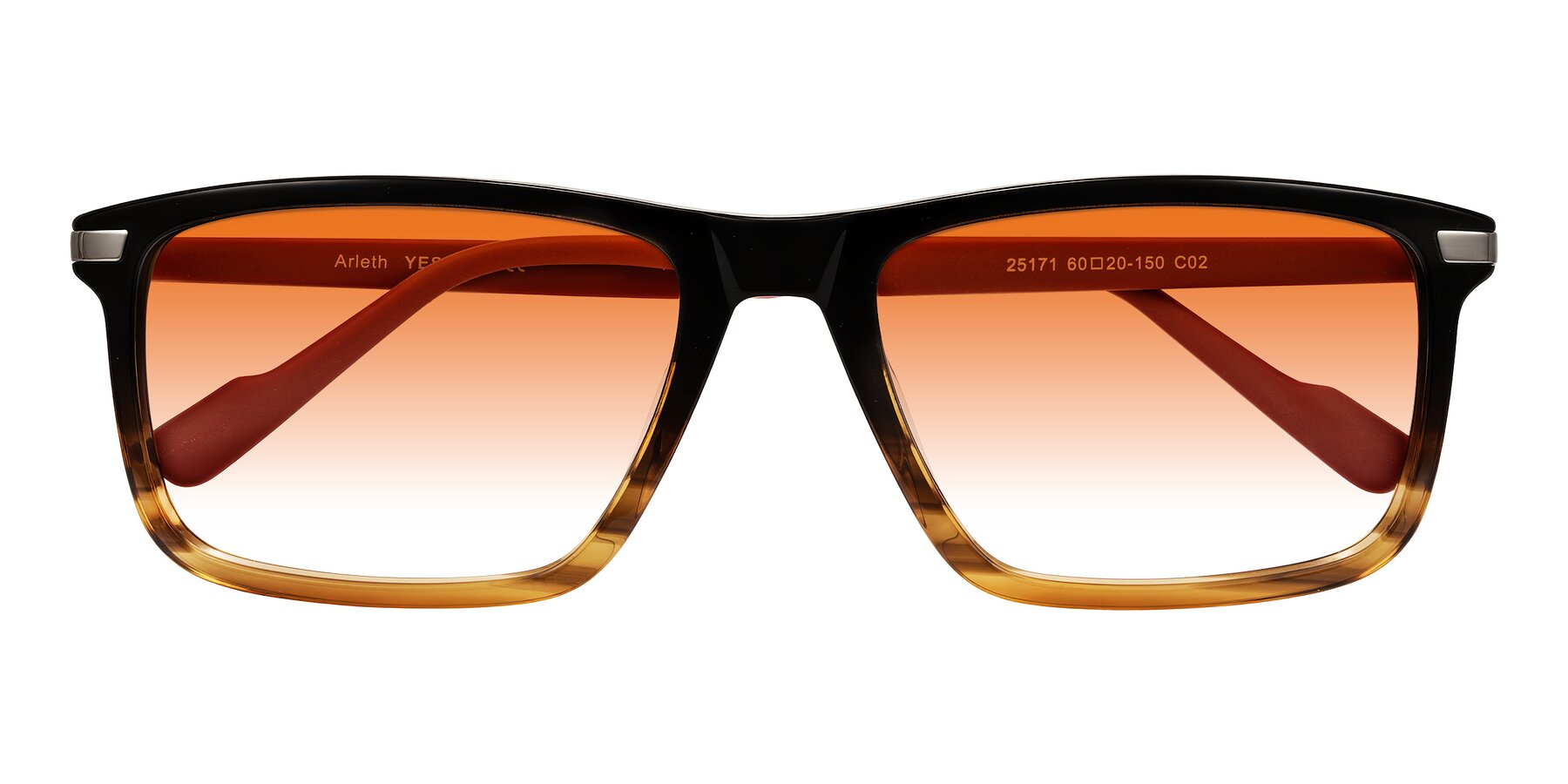 Folded Front of Arleth in Gradient Brown Striped/Red with Orange Gradient Lenses