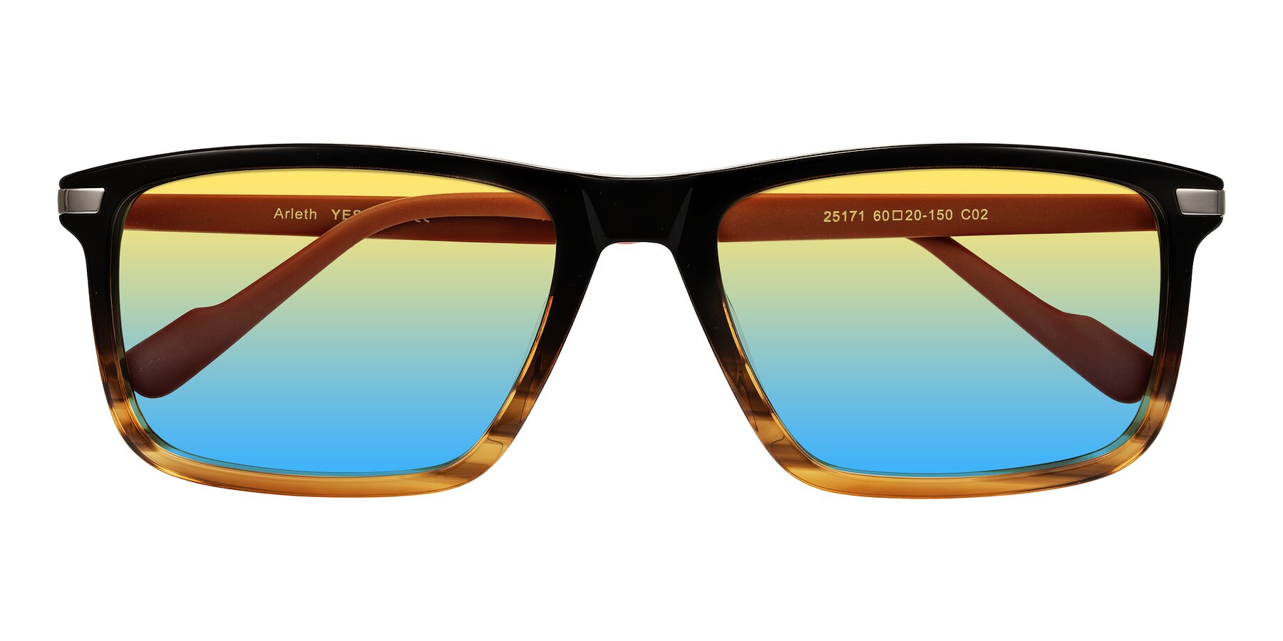 Folded Front of Arleth in Gradient Brown Striped/Red with Yellow / Blue Gradient Lenses