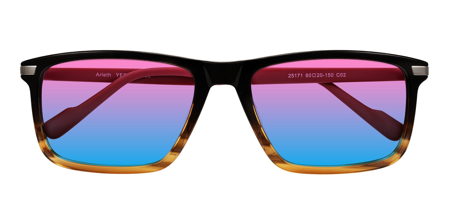 Folded Front of Arleth in Gradient Brown Striped/Red with Pink / Blue Gradient Lenses