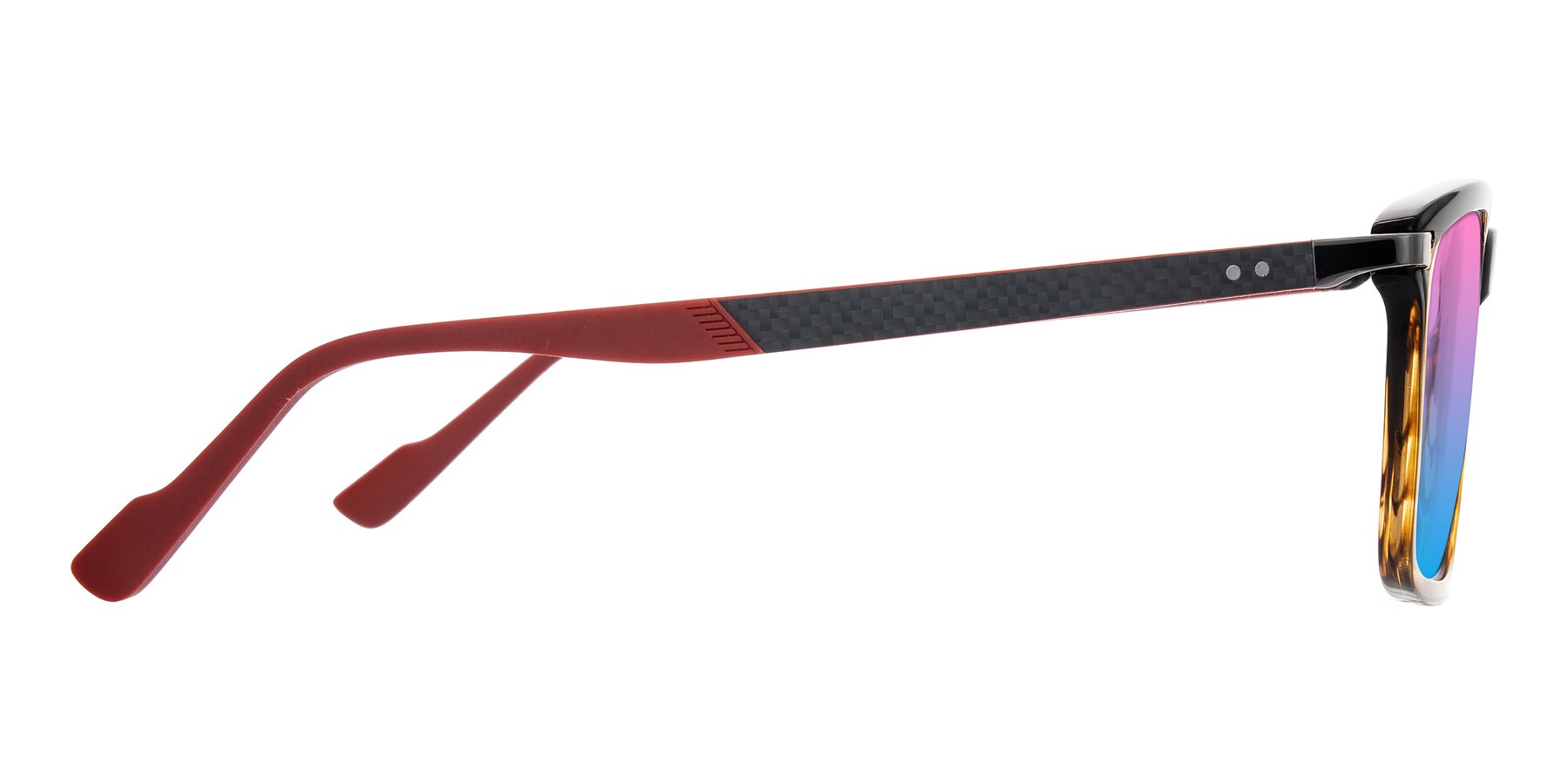 Side of Arleth in Gradient Brown Striped/Red with Pink / Blue Gradient Lenses