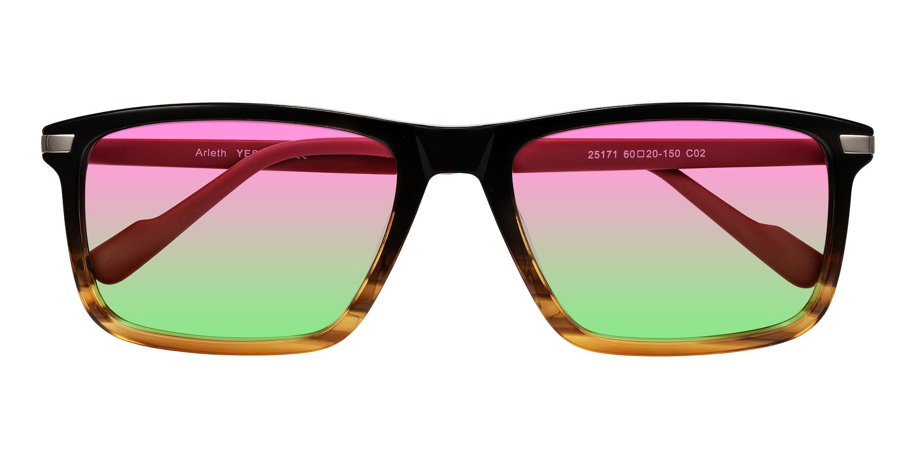 Folded Front of Arleth in Gradient Brown Striped/Red with Pink / Green Gradient Lenses