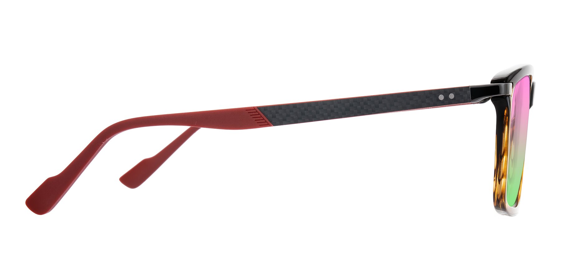 Side of Arleth in Gradient Brown Striped/Red with Pink / Green Gradient Lenses