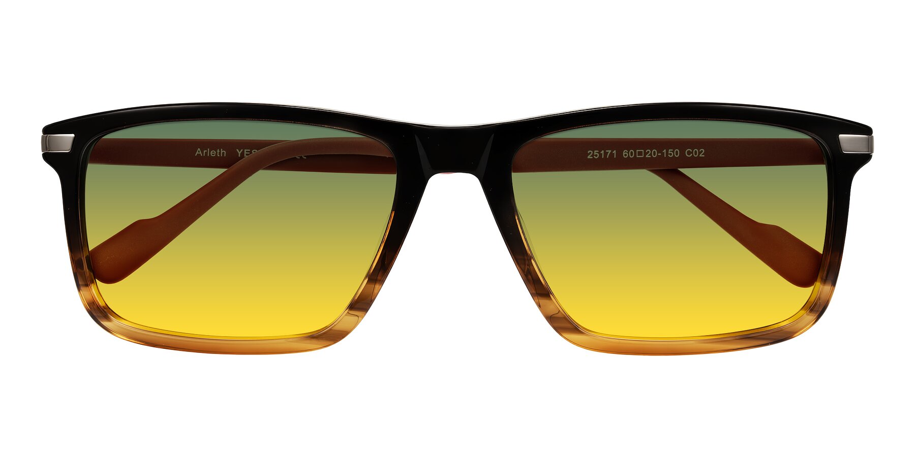 Folded Front of Arleth in Gradient Brown Striped/Red with Green / Yellow Gradient Lenses