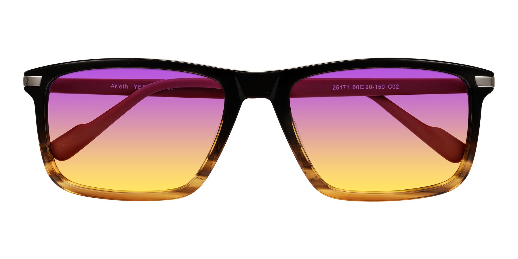 Folded Front of Arleth in Gradient Brown Striped/Red with Purple / Yellow Gradient Lenses