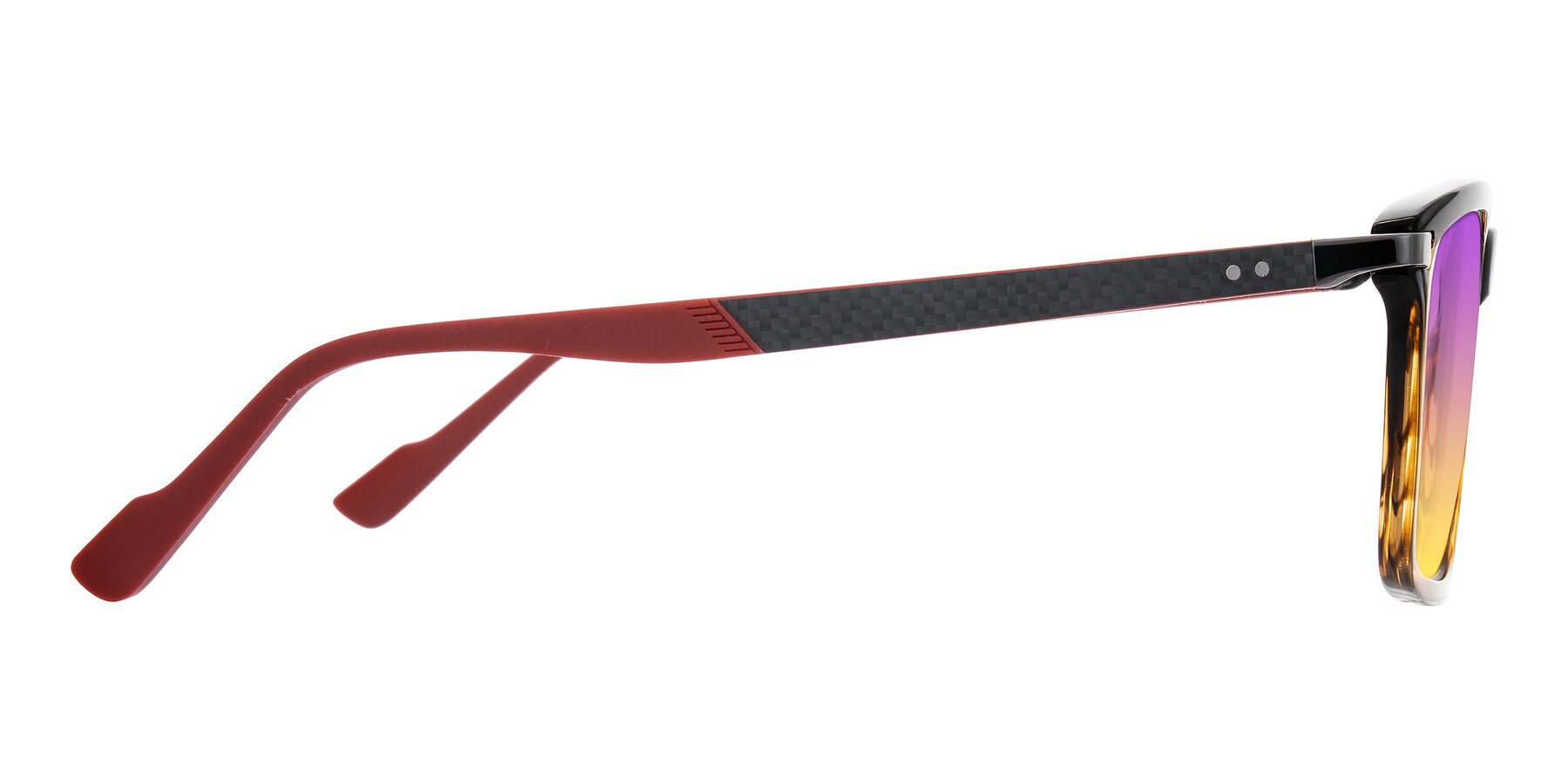 Side of Arleth in Gradient Brown Striped/Red with Purple / Yellow Gradient Lenses