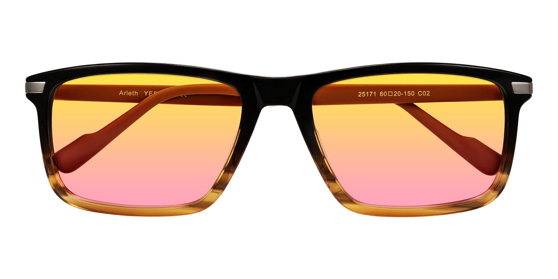 Folded Front of Arleth in Gradient Brown Striped/Red with Yellow / Pink Gradient Lenses