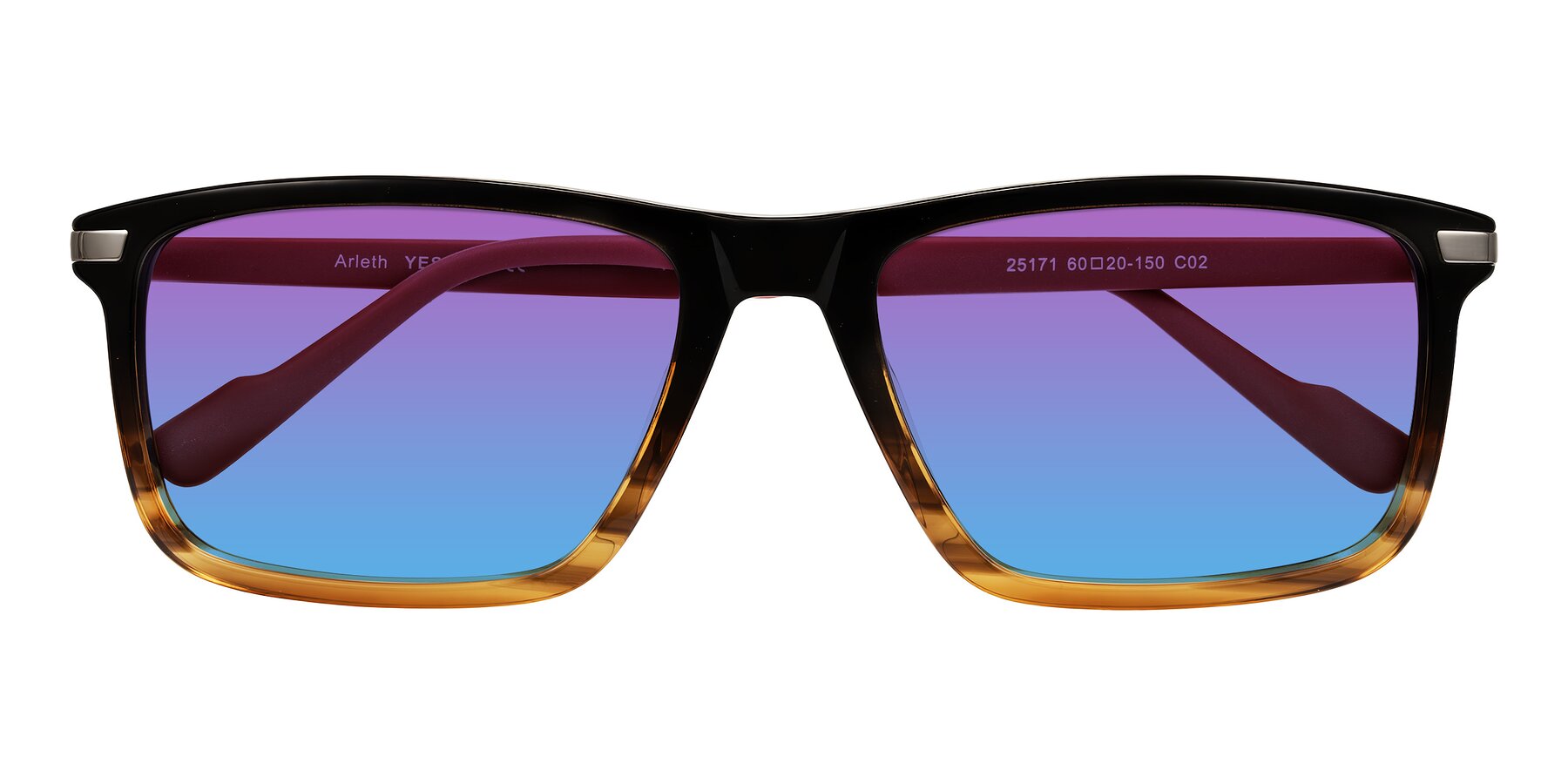 Folded Front of Arleth in Gradient Brown Striped/Red with Purple / Blue Gradient Lenses