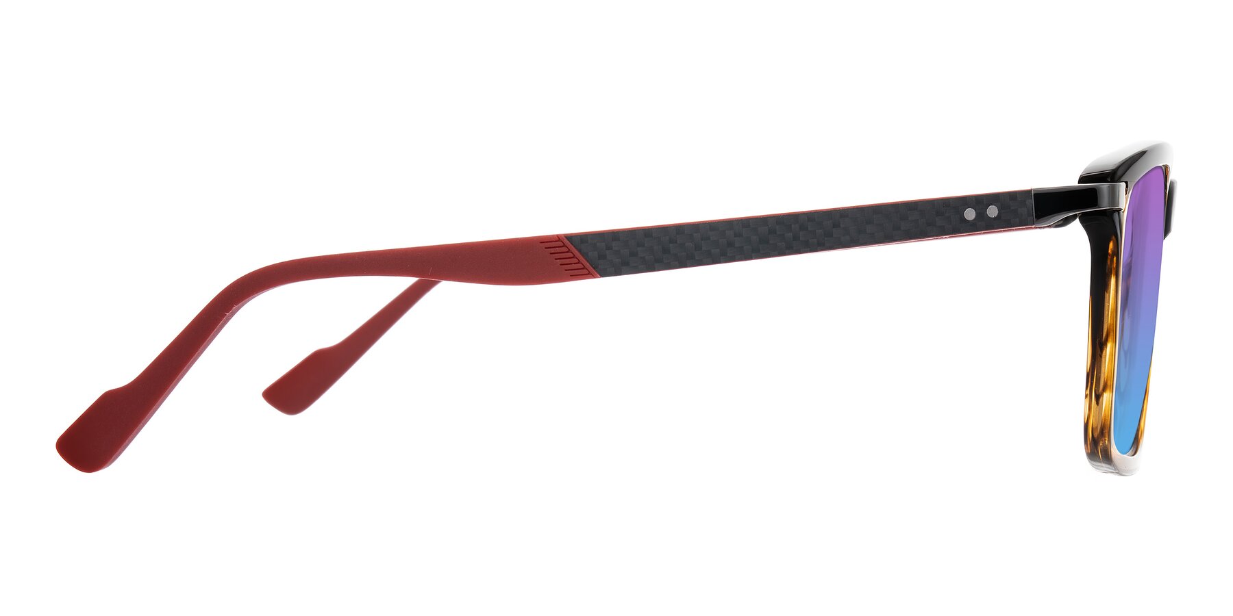 Side of Arleth in Gradient Brown Striped/Red with Purple / Blue Gradient Lenses