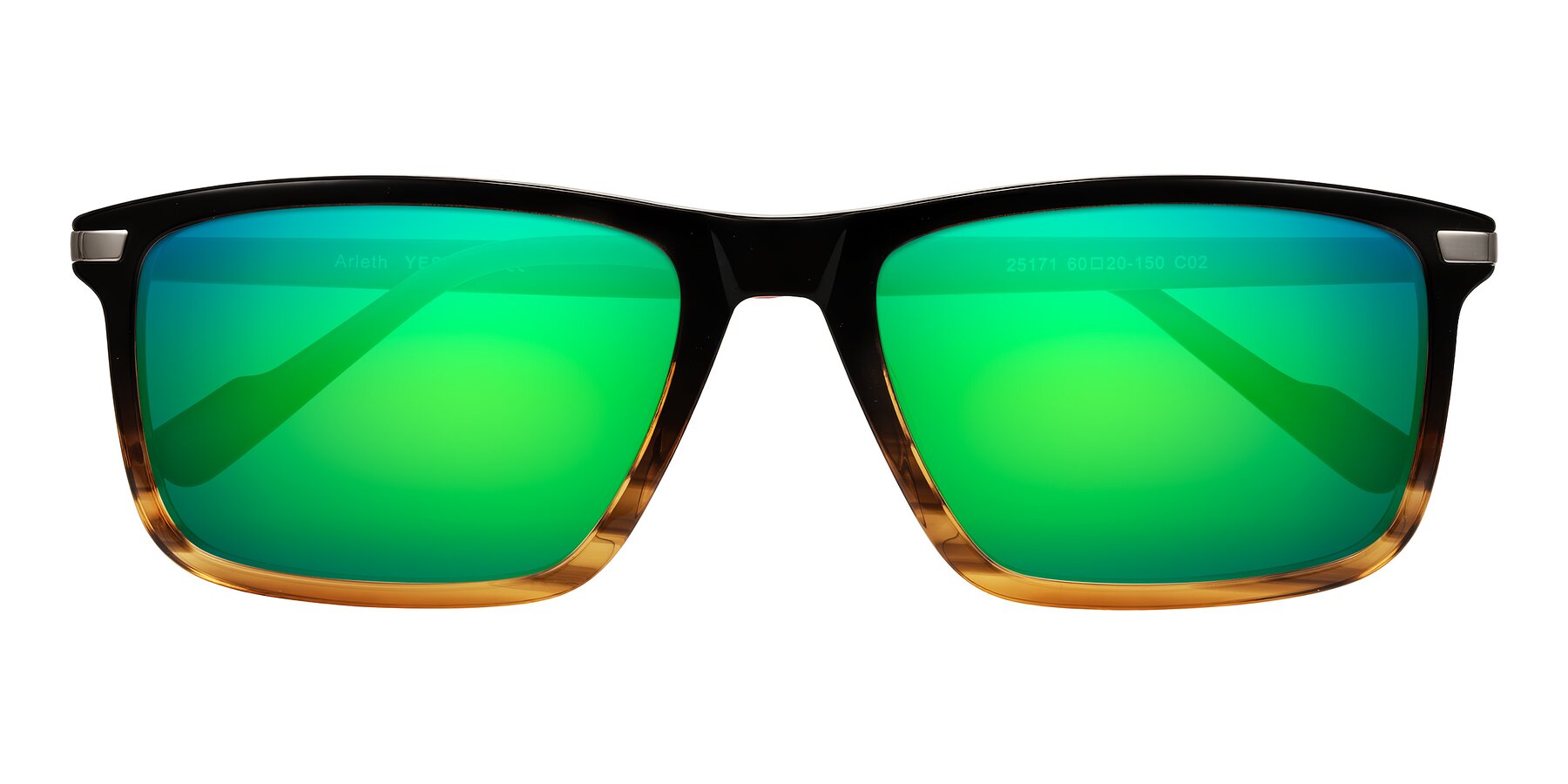 Folded Front of Arleth in Gradient Brown Striped/Red with Green Mirrored Lenses