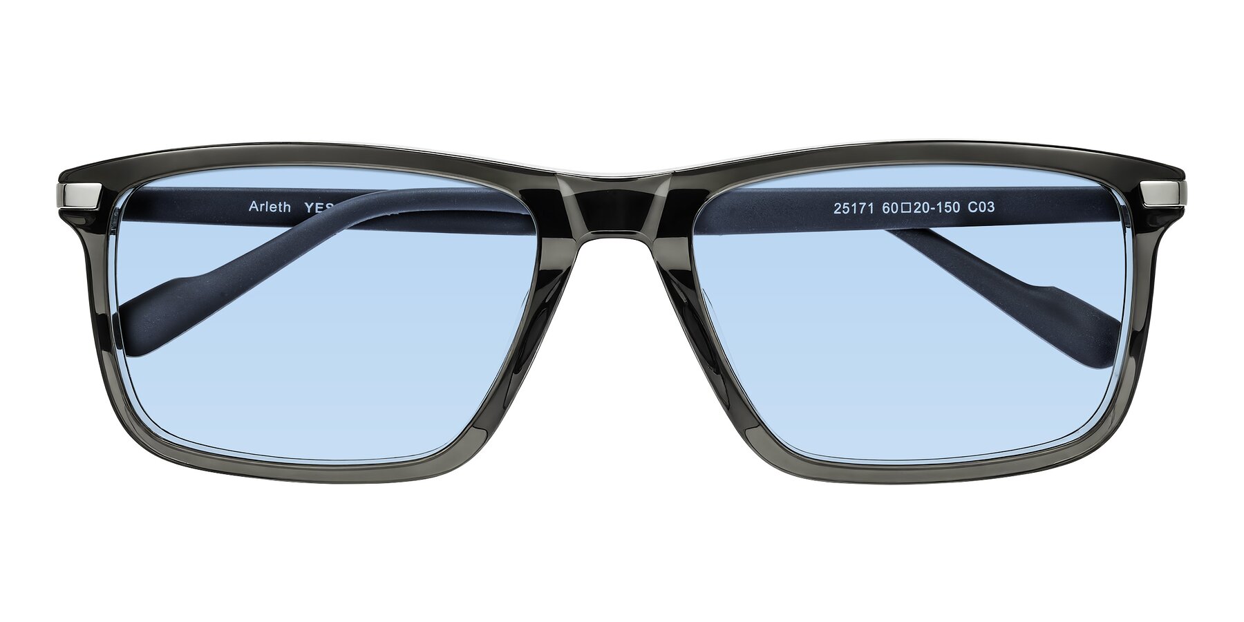 Folded Front of Arleth in Transparent Gray with Light Blue Tinted Lenses