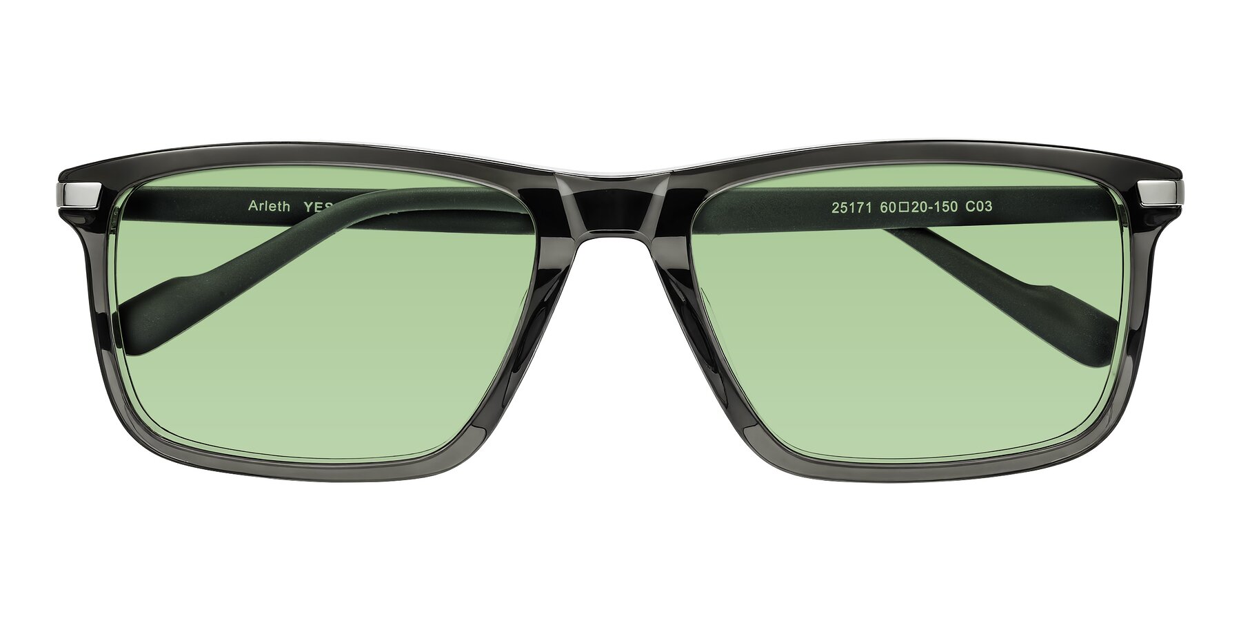 Folded Front of Arleth in Transparent Gray with Medium Green Tinted Lenses