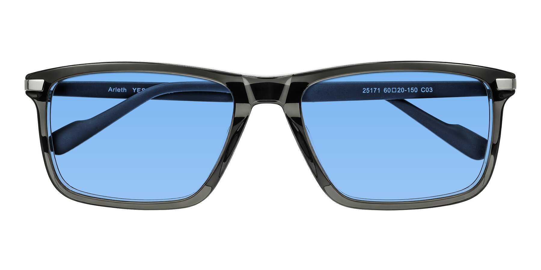 Folded Front of Arleth in Transparent Gray with Medium Blue Tinted Lenses