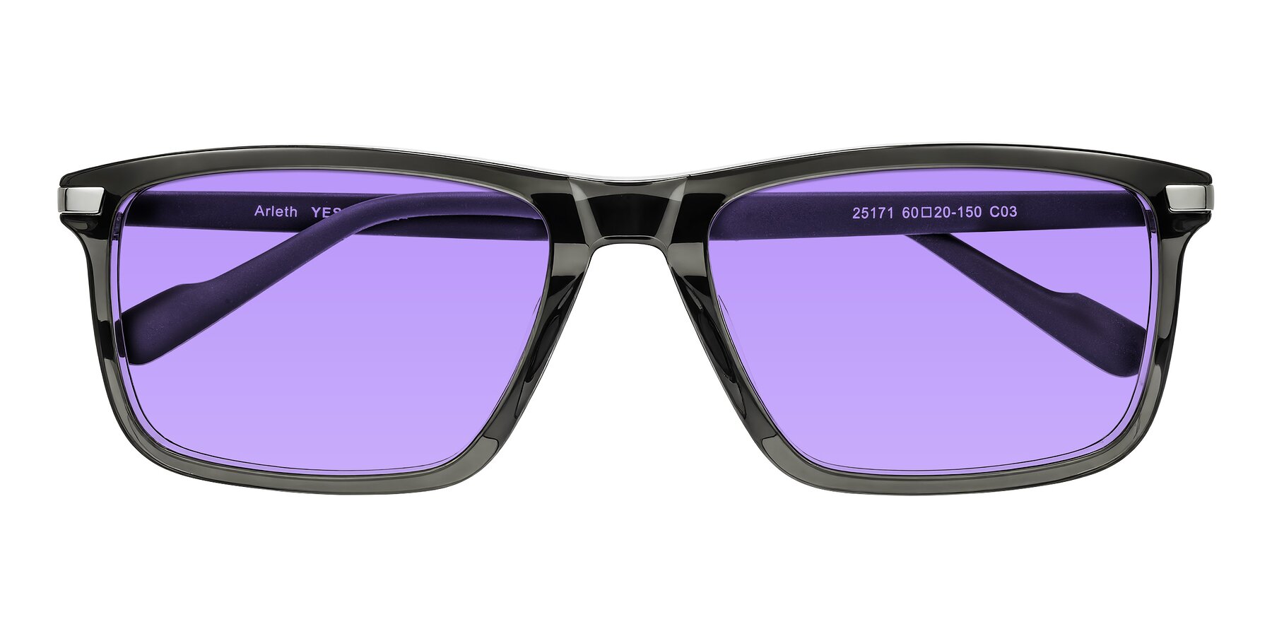 Folded Front of Arleth in Transparent Gray with Medium Purple Tinted Lenses