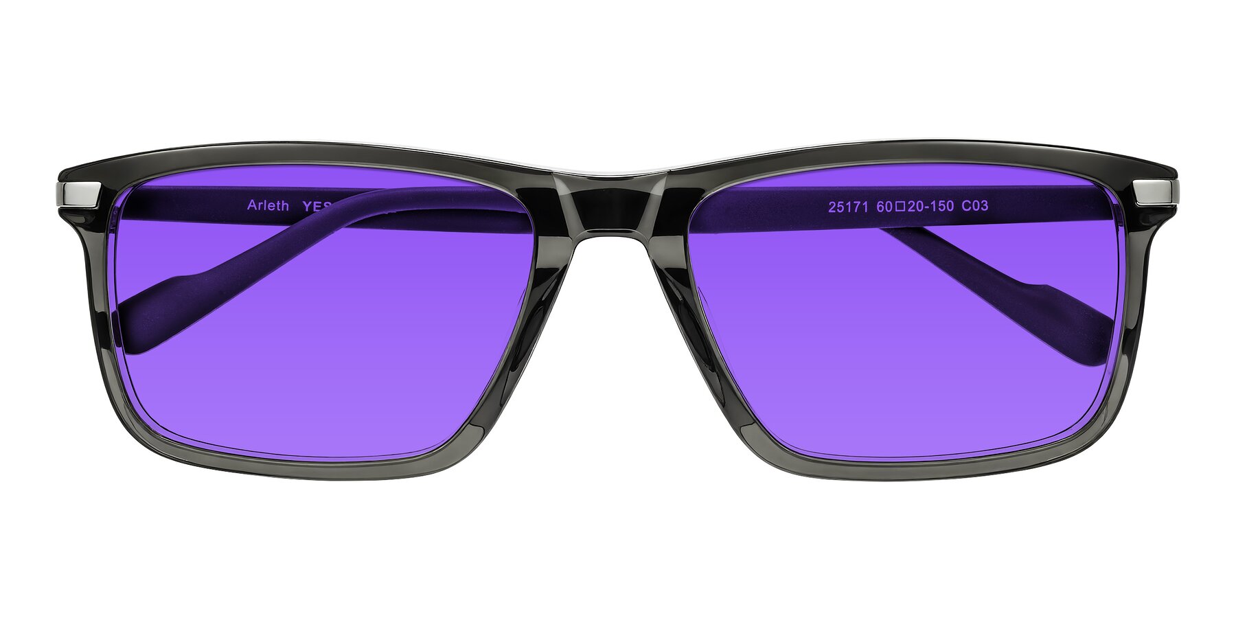 Folded Front of Arleth in Transparent Gray with Purple Tinted Lenses