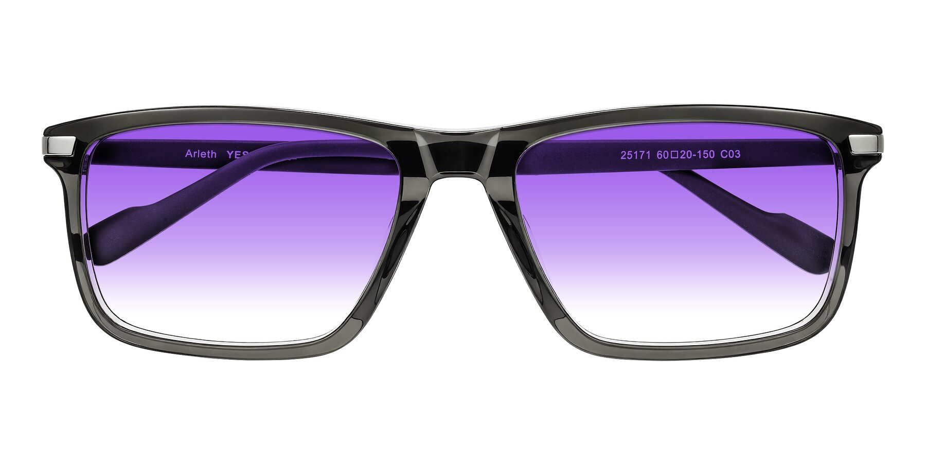 Folded Front of Arleth in Transparent Gray with Purple Gradient Lenses