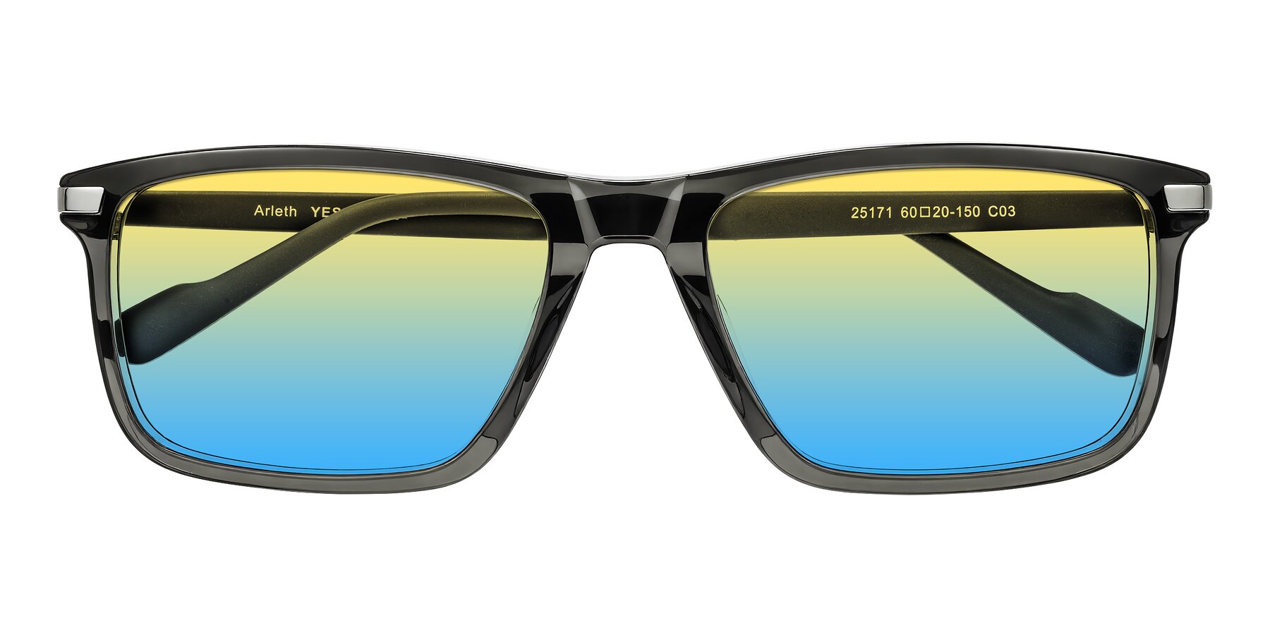 Folded Front of Arleth in Transparent Gray with Yellow / Blue Gradient Lenses