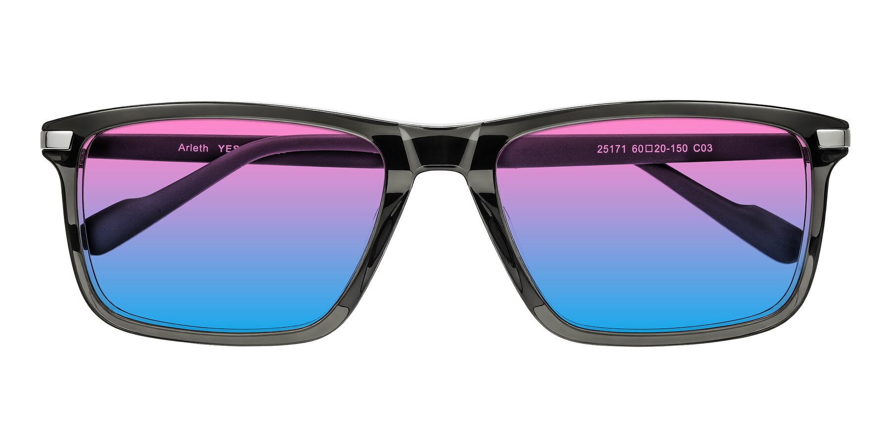 Folded Front of Arleth in Transparent Gray with Pink / Blue Gradient Lenses