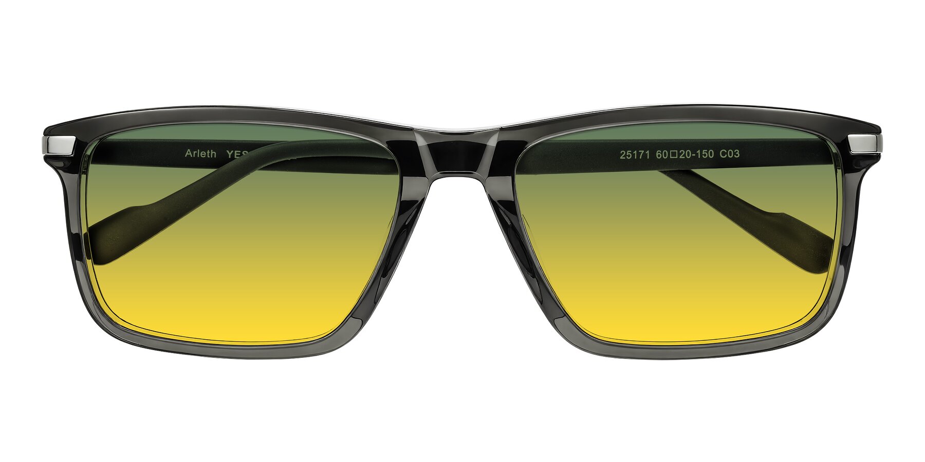 Folded Front of Arleth in Transparent Gray with Green / Yellow Gradient Lenses