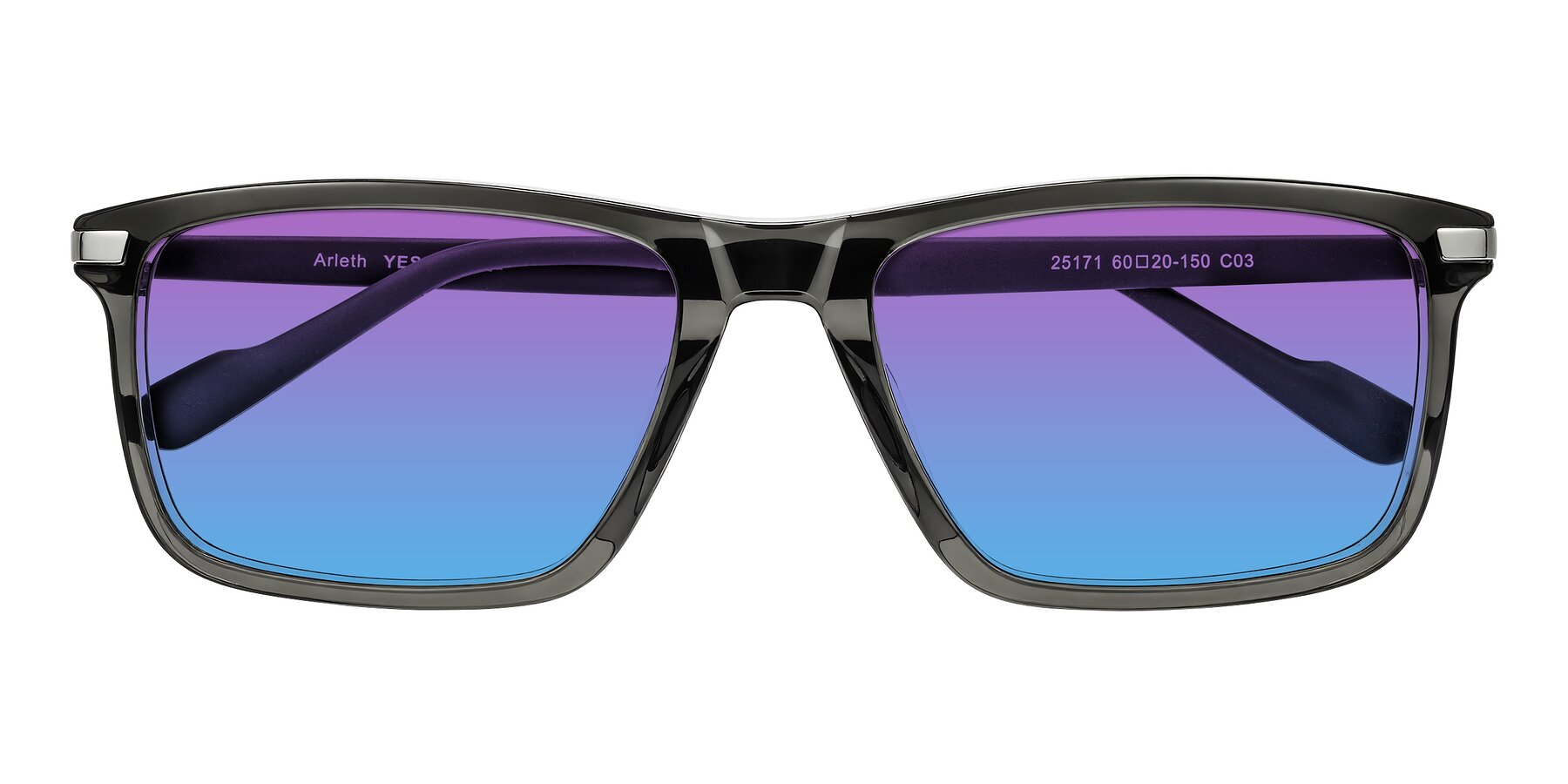 Folded Front of Arleth in Transparent Gray with Purple / Blue Gradient Lenses
