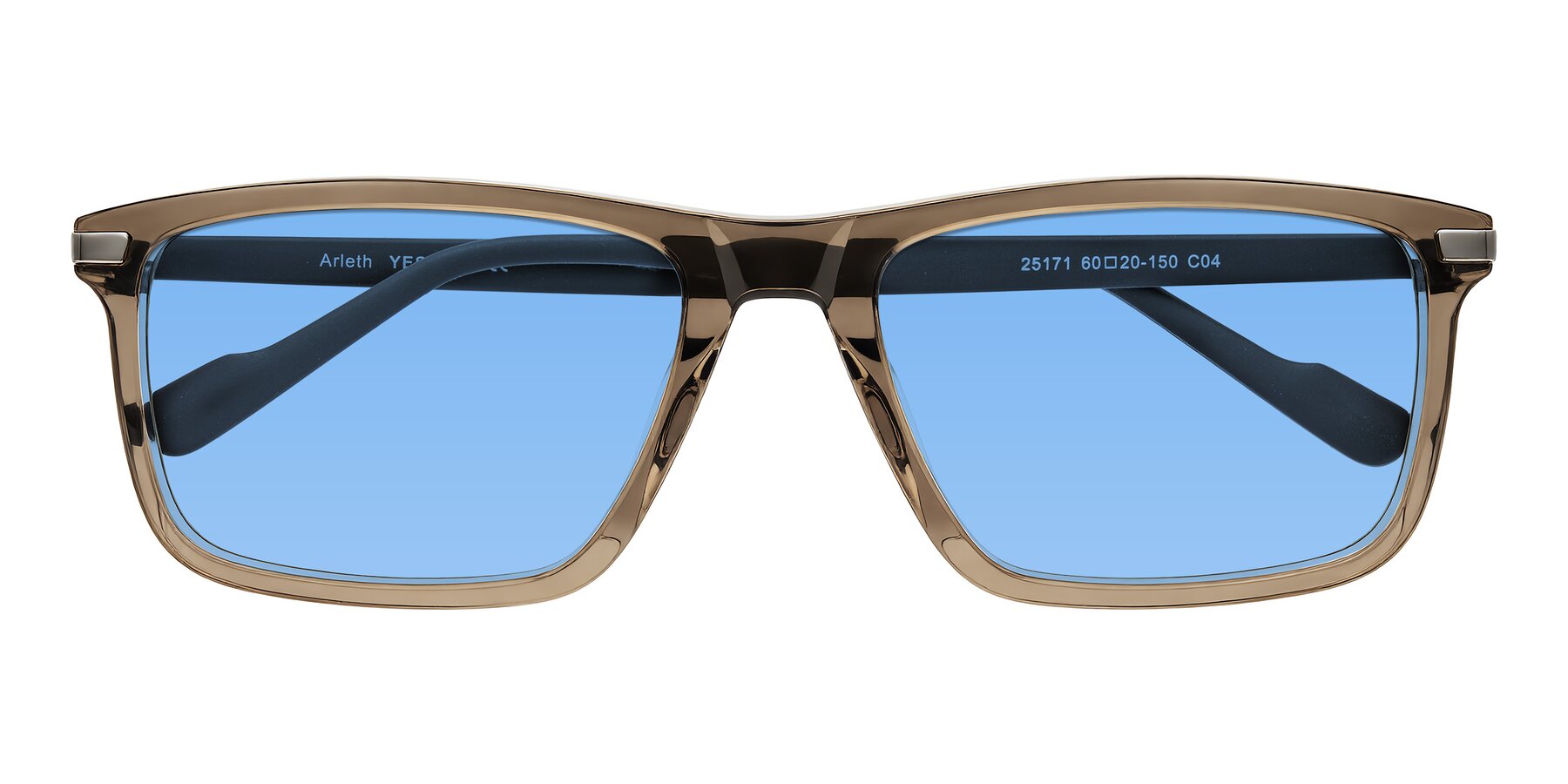 Folded Front of Arleth in Transparent Brown with Medium Blue Tinted Lenses