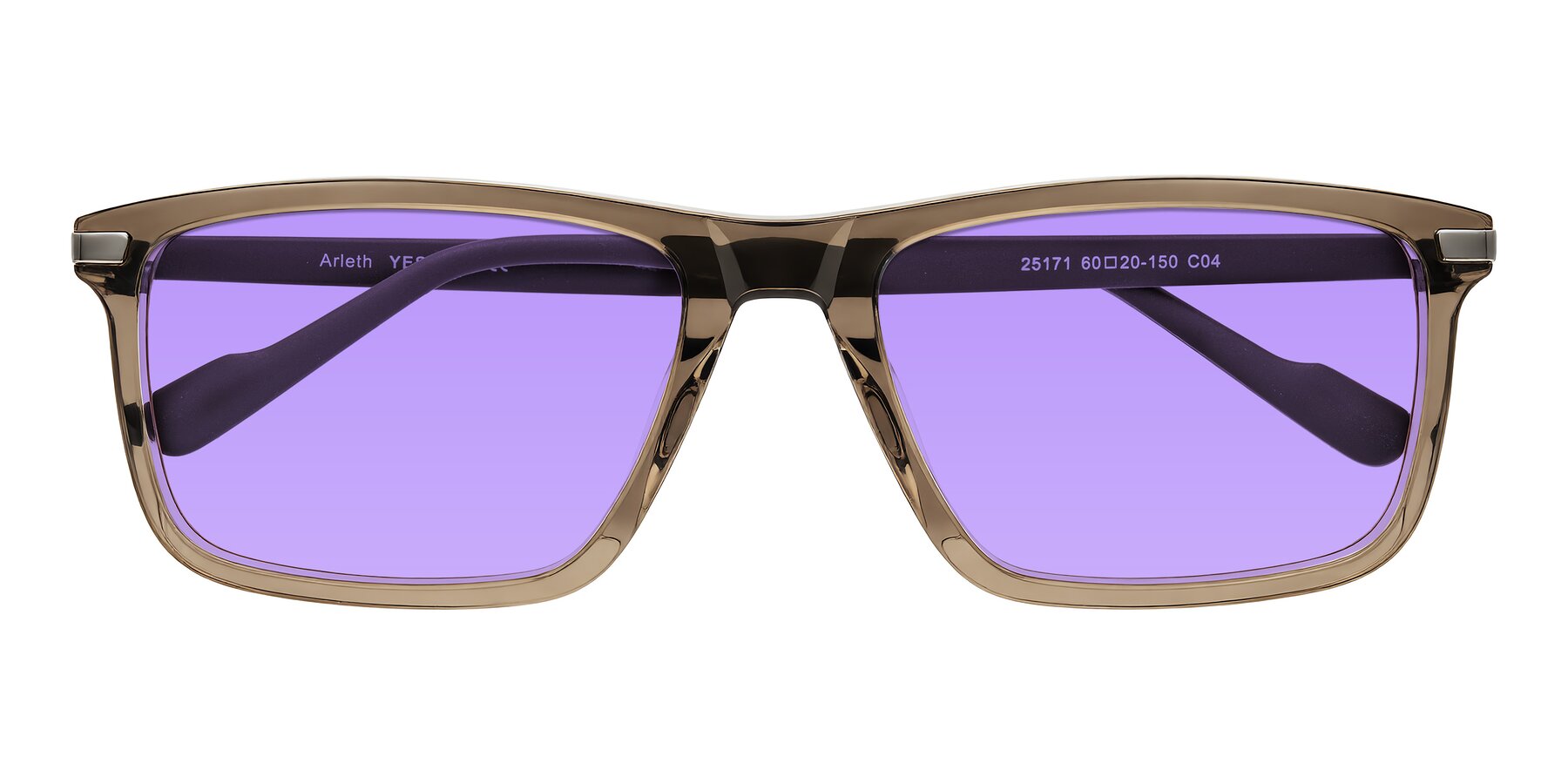Folded Front of Arleth in Transparent Brown with Medium Purple Tinted Lenses