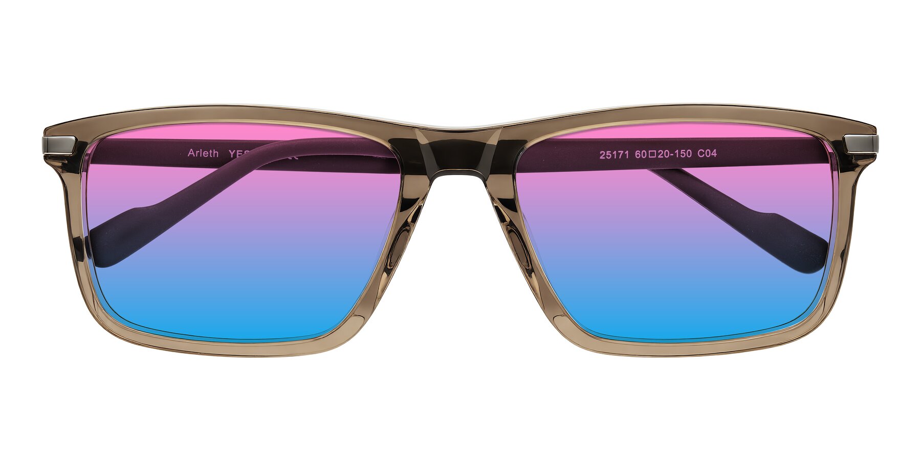 Folded Front of Arleth in Transparent Brown with Pink / Blue Gradient Lenses