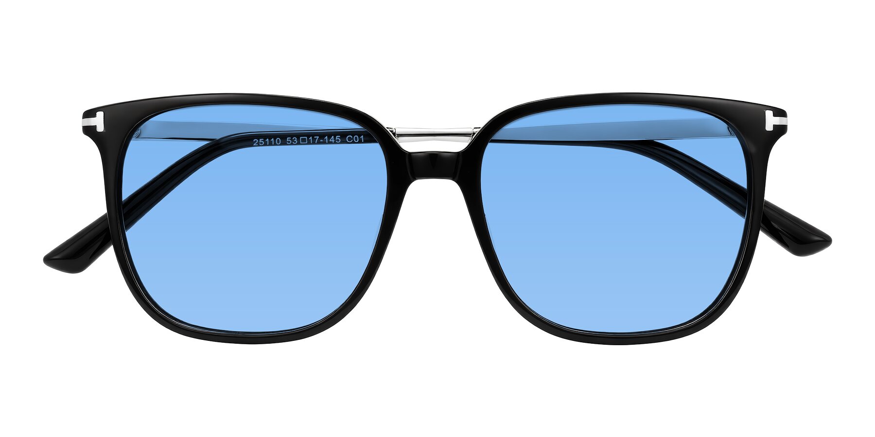 Folded Front of Trusten in Black with Medium Blue Tinted Lenses