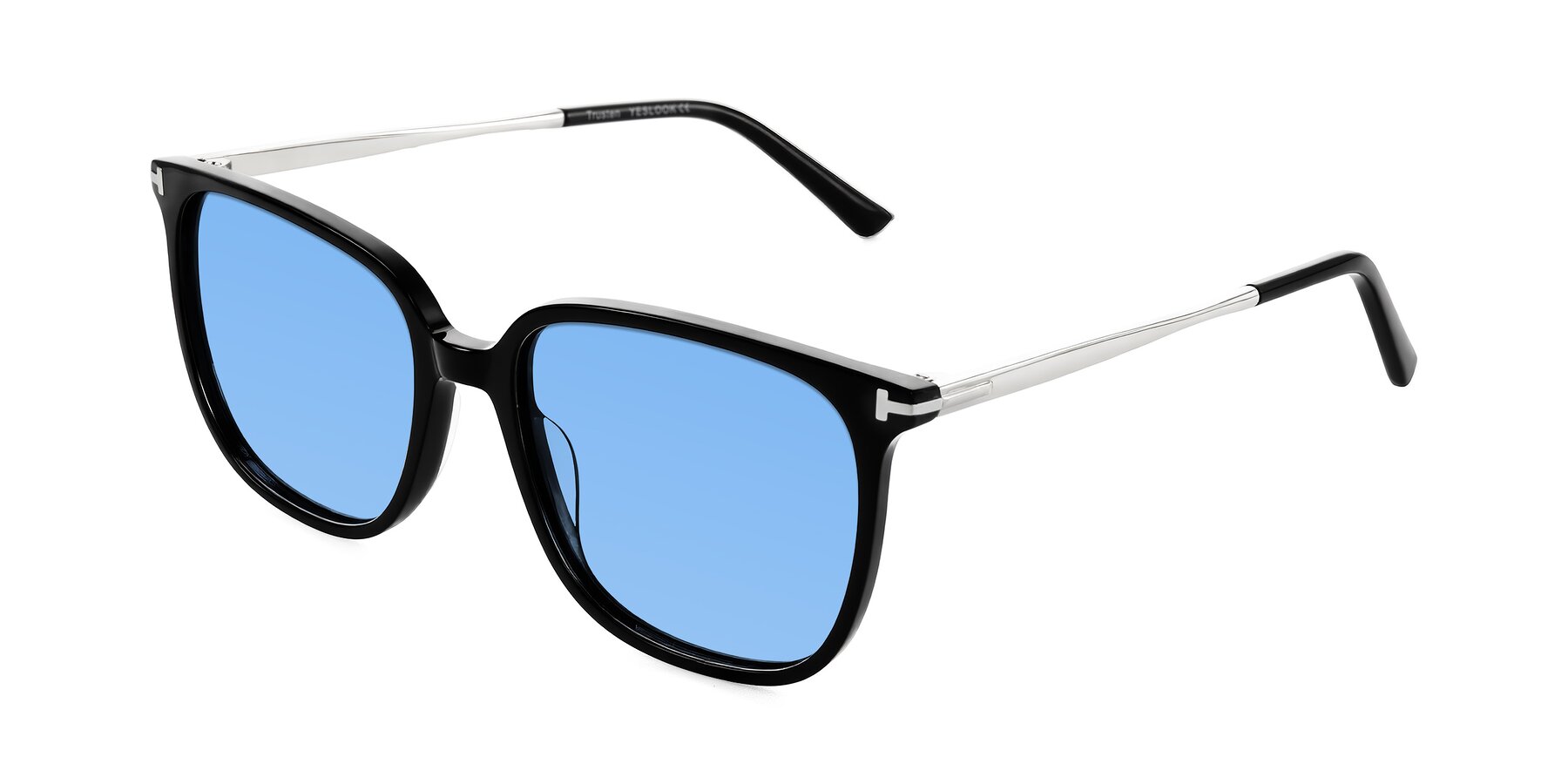 Angle of Trusten in Black with Medium Blue Tinted Lenses