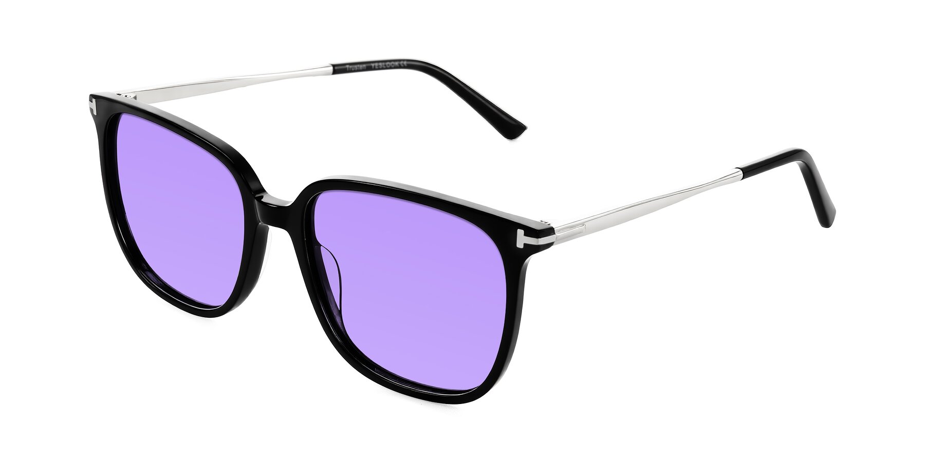 Angle of Trusten in Black with Medium Purple Tinted Lenses