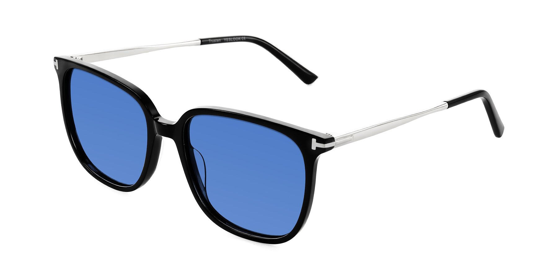Angle of Trusten in Black with Blue Tinted Lenses