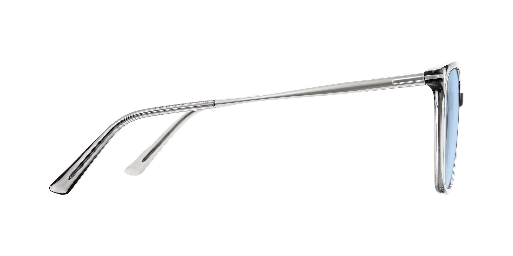 Side of Trusten in Transparent Gray with Light Blue Tinted Lenses