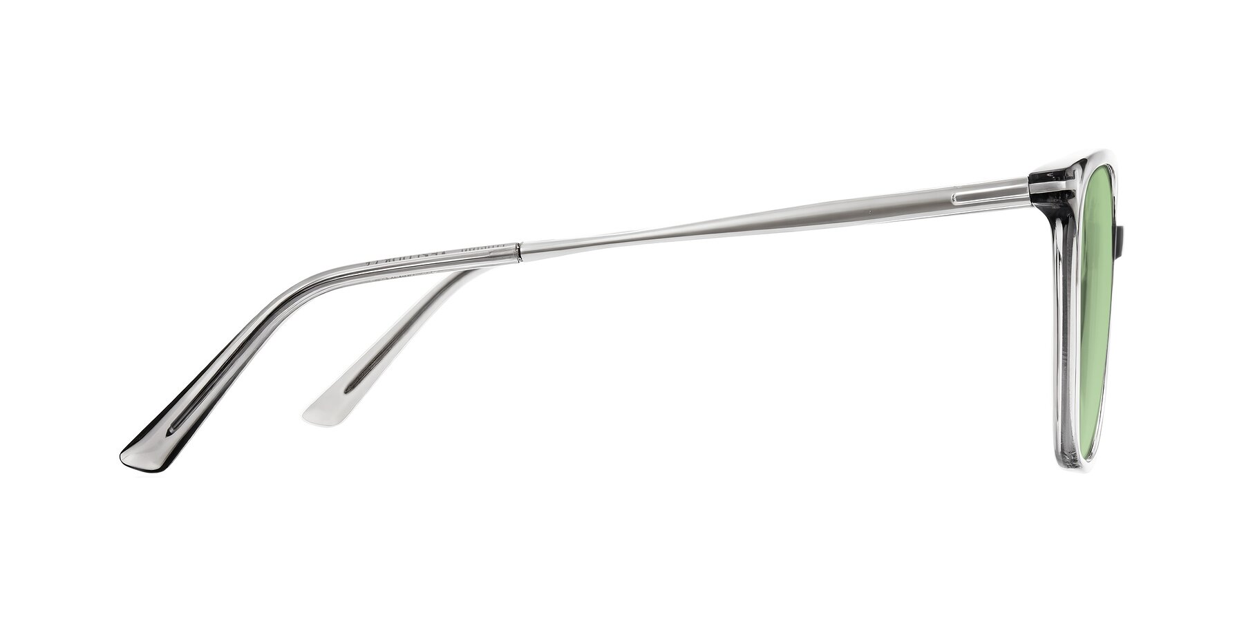 Side of Trusten in Transparent Gray with Medium Green Tinted Lenses