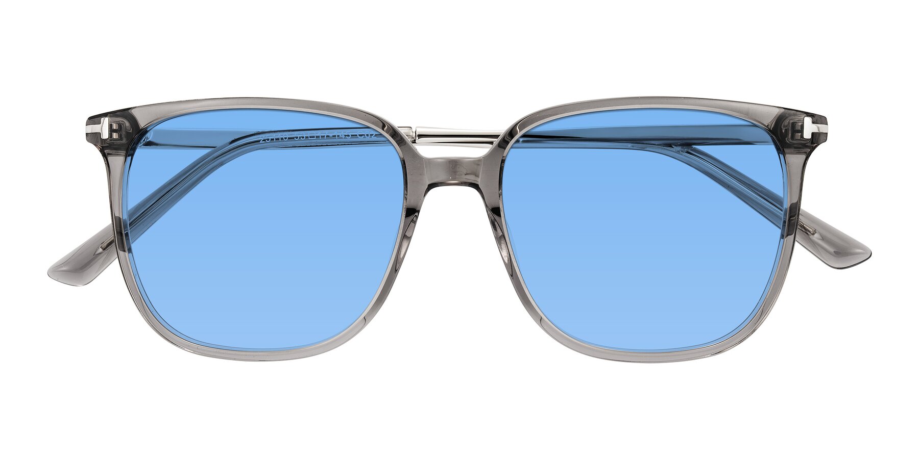 Folded Front of Trusten in Transparent Gray with Medium Blue Tinted Lenses