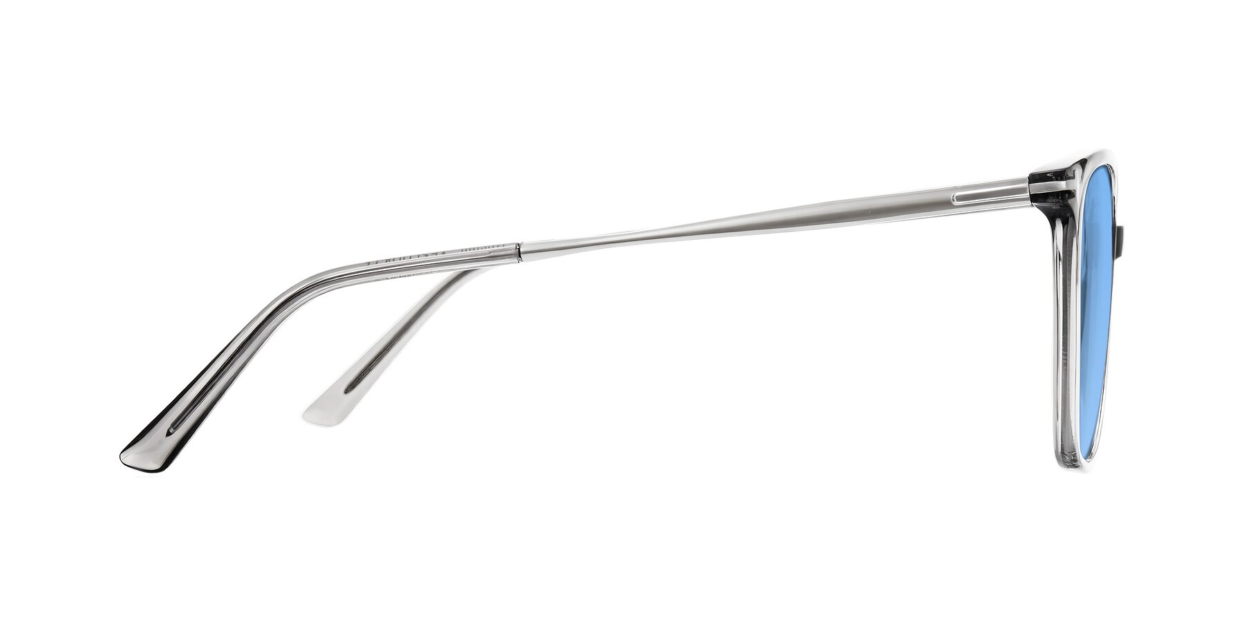Side of Trusten in Transparent Gray with Medium Blue Tinted Lenses