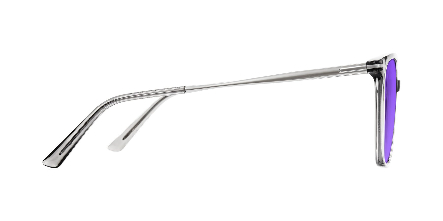 Side of Trusten in Transparent Gray with Purple Tinted Lenses