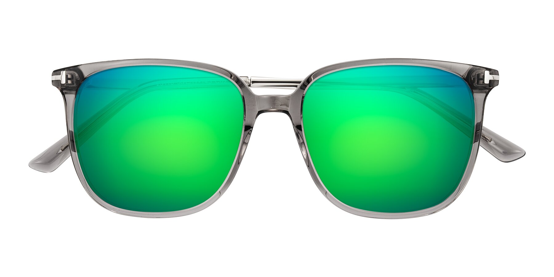 Folded Front of Trusten in Transparent Gray with Green Mirrored Lenses