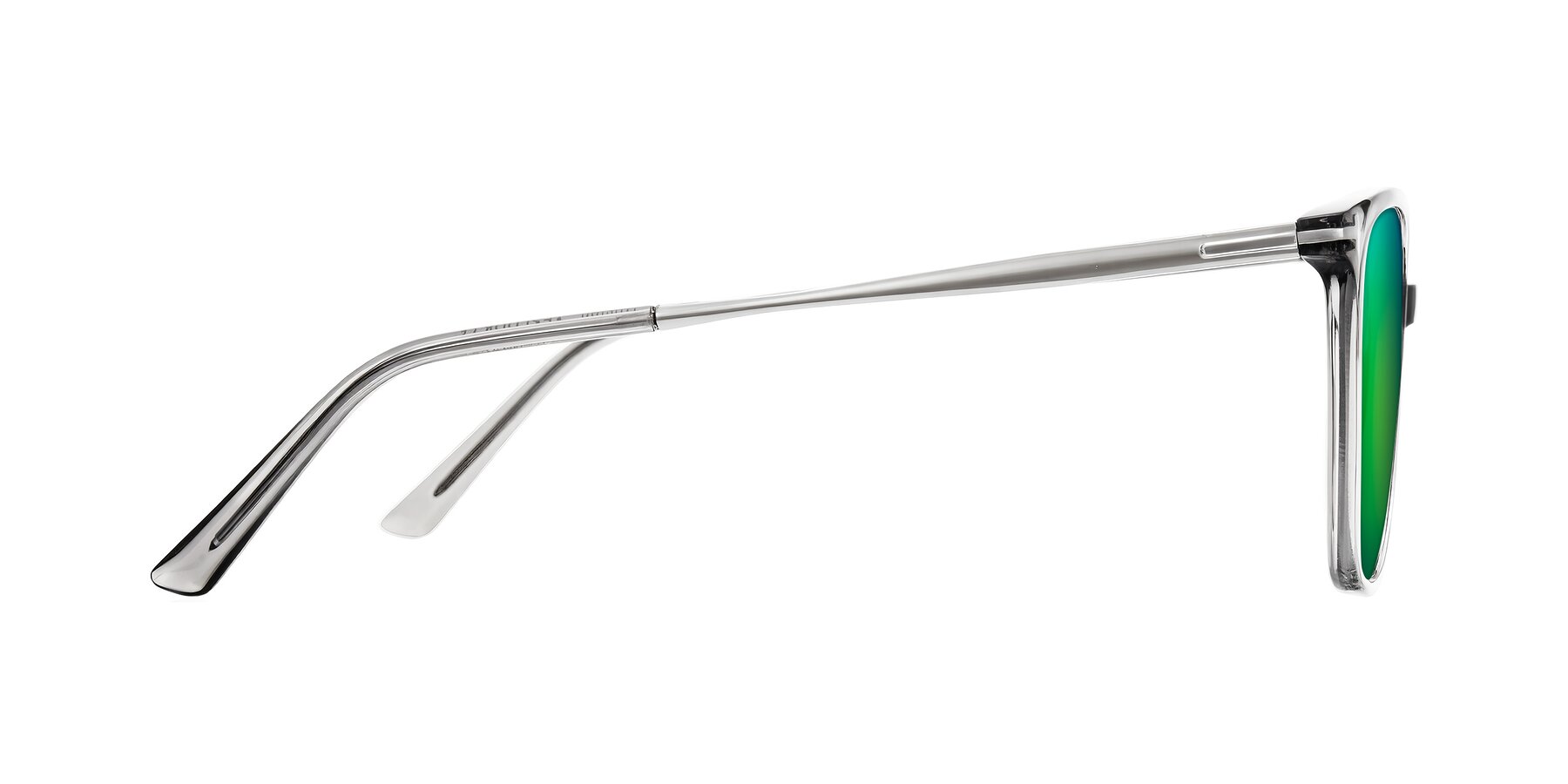Side of Trusten in Transparent Gray with Green Mirrored Lenses