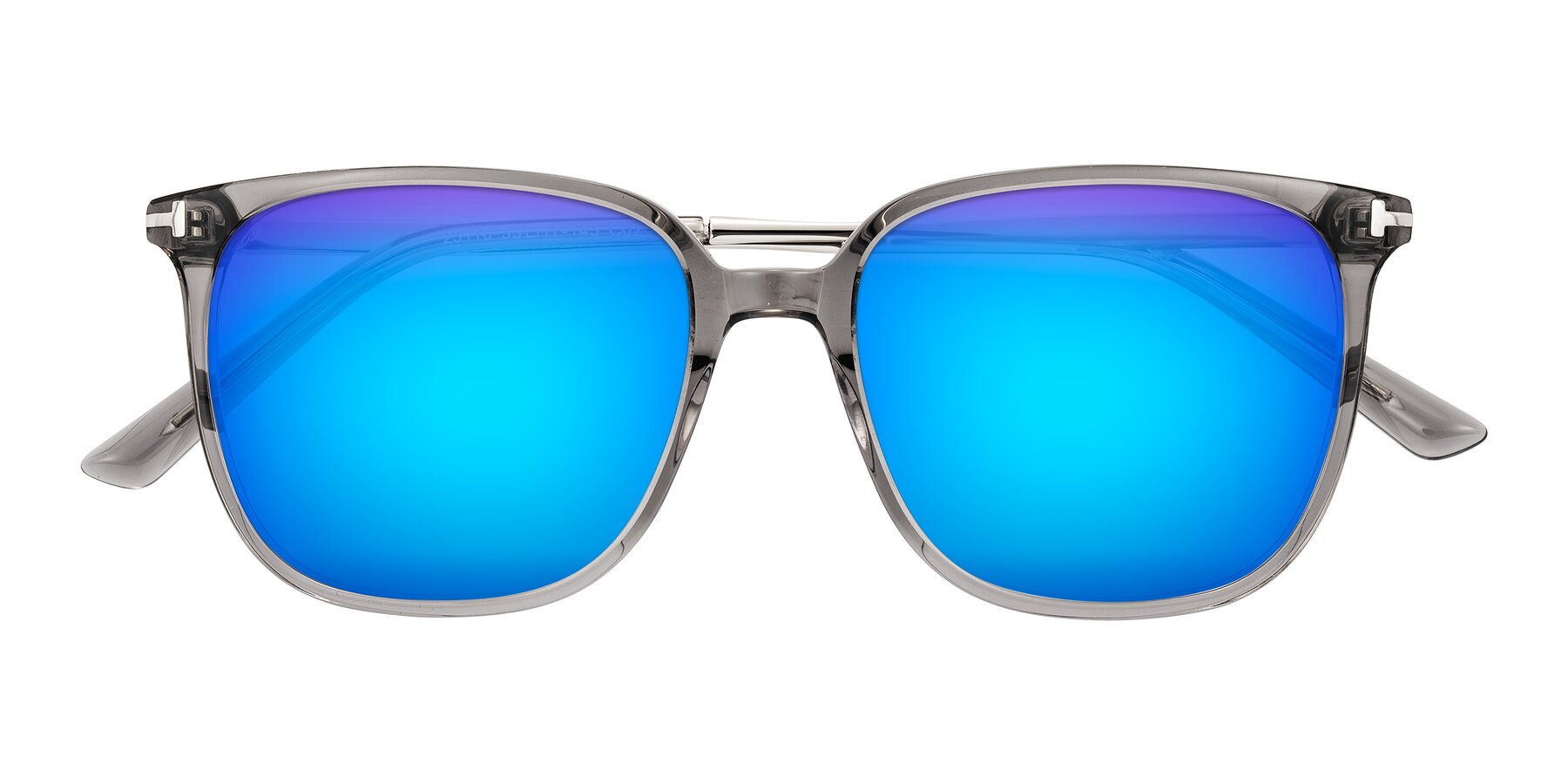 Folded Front of Trusten in Transparent Gray with Blue Mirrored Lenses