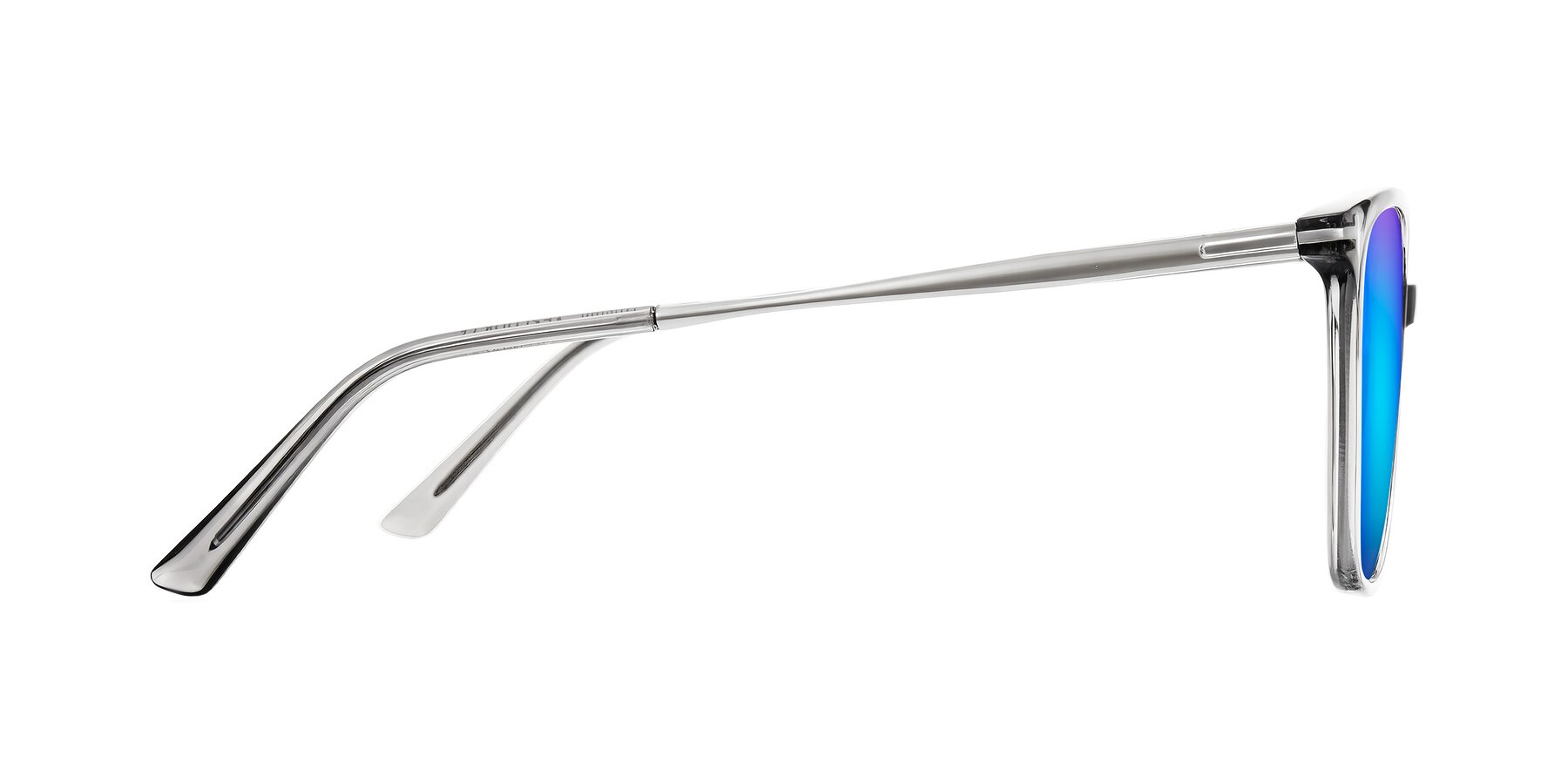 Side of Trusten in Transparent Gray with Blue Mirrored Lenses