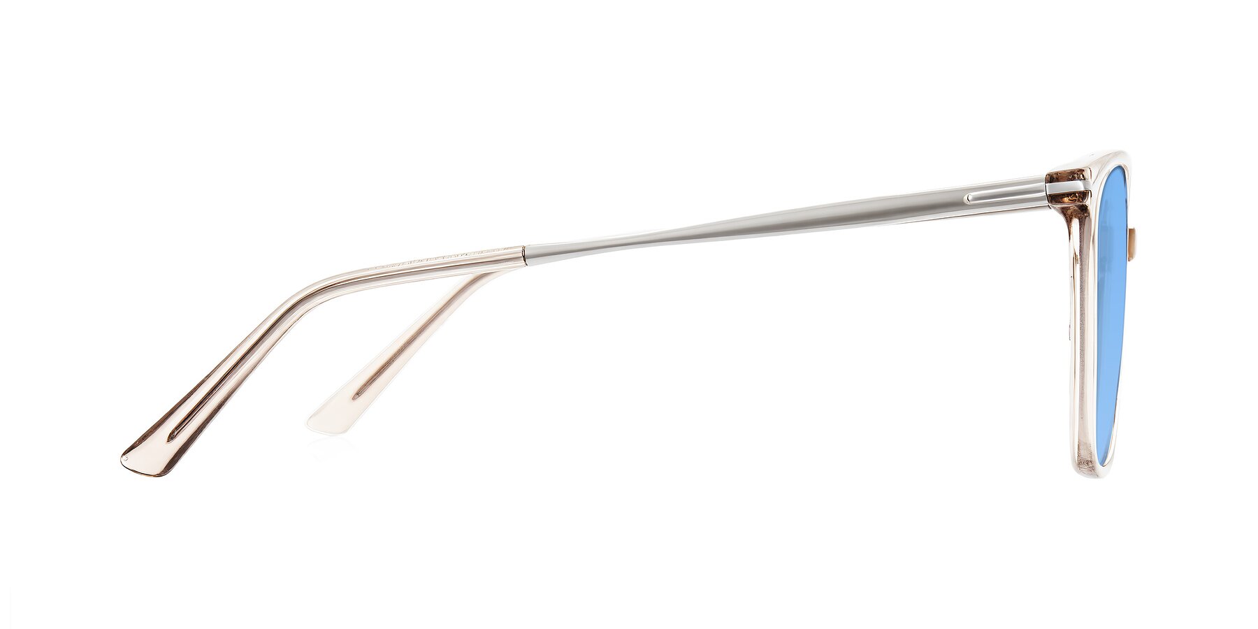 Side of Trusten in Transparent Brown with Medium Blue Tinted Lenses