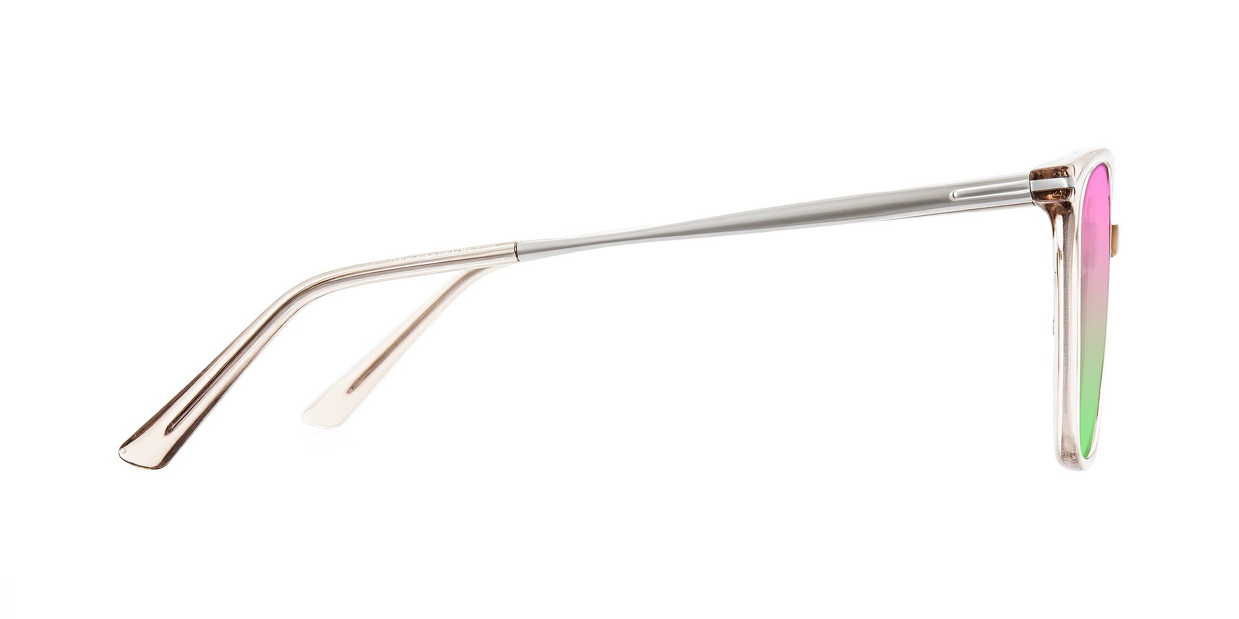 Side of Trusten in Transparent Brown with Pink / Green Gradient Lenses