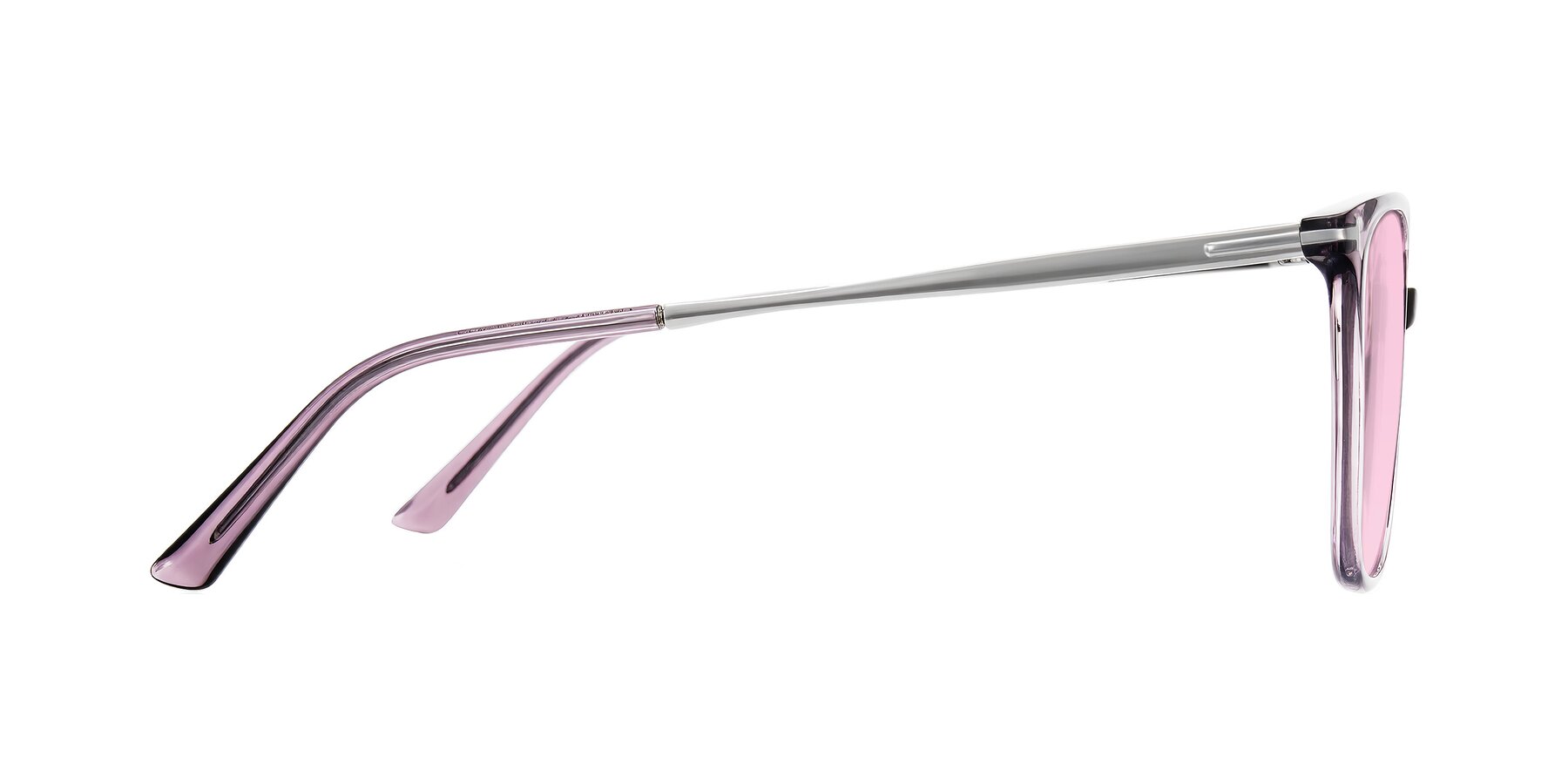 Side of Trusten in Transparent Purple with Light Pink Tinted Lenses